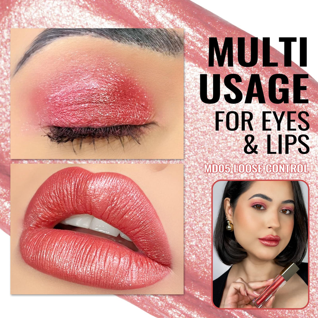 Oulac Metallic Diamond Shine Liquid Lip Gloss - Glitter Glossy for Lip & Eye, Long Lasting 24H + & Waterproof, Lightweight Lip Stain, 3D Metallic Finish, No Transfer, Vegan, 4.5ml,MD05 Loose Control Halalzen