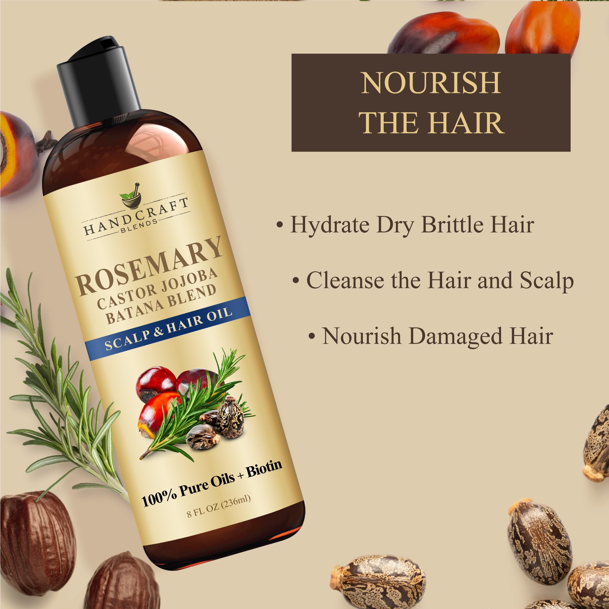 Handcraft Blends Huile de Ricin et Huile de Romarin 236 ml | 100% Pure et Naturelle | Huile Support de Qualité Supérieure | Cheveux, Cils et Sourcils | Cheveux et Corps
