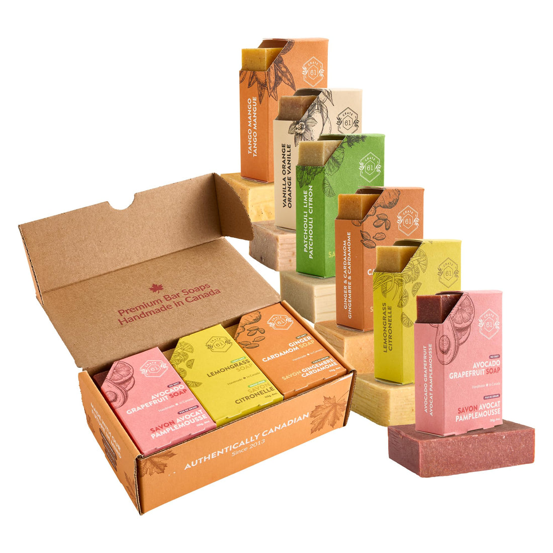 Crate 61 Organics, Handmade in Canada, Plant Based Cold Process Natural Bar Soap, With Premium Essential Oils, Dry Skin, Pack of 6 (For Him)