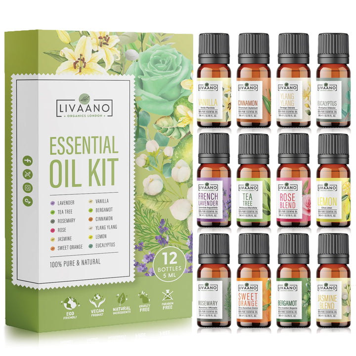 Essential Oils Set – 100% Natural Essential Oils for Diffusers for Home, Massage & Relaxation | 12x5ml Essential Oil for Aromatherapy, Lavender, Tea Tree, Gift Set