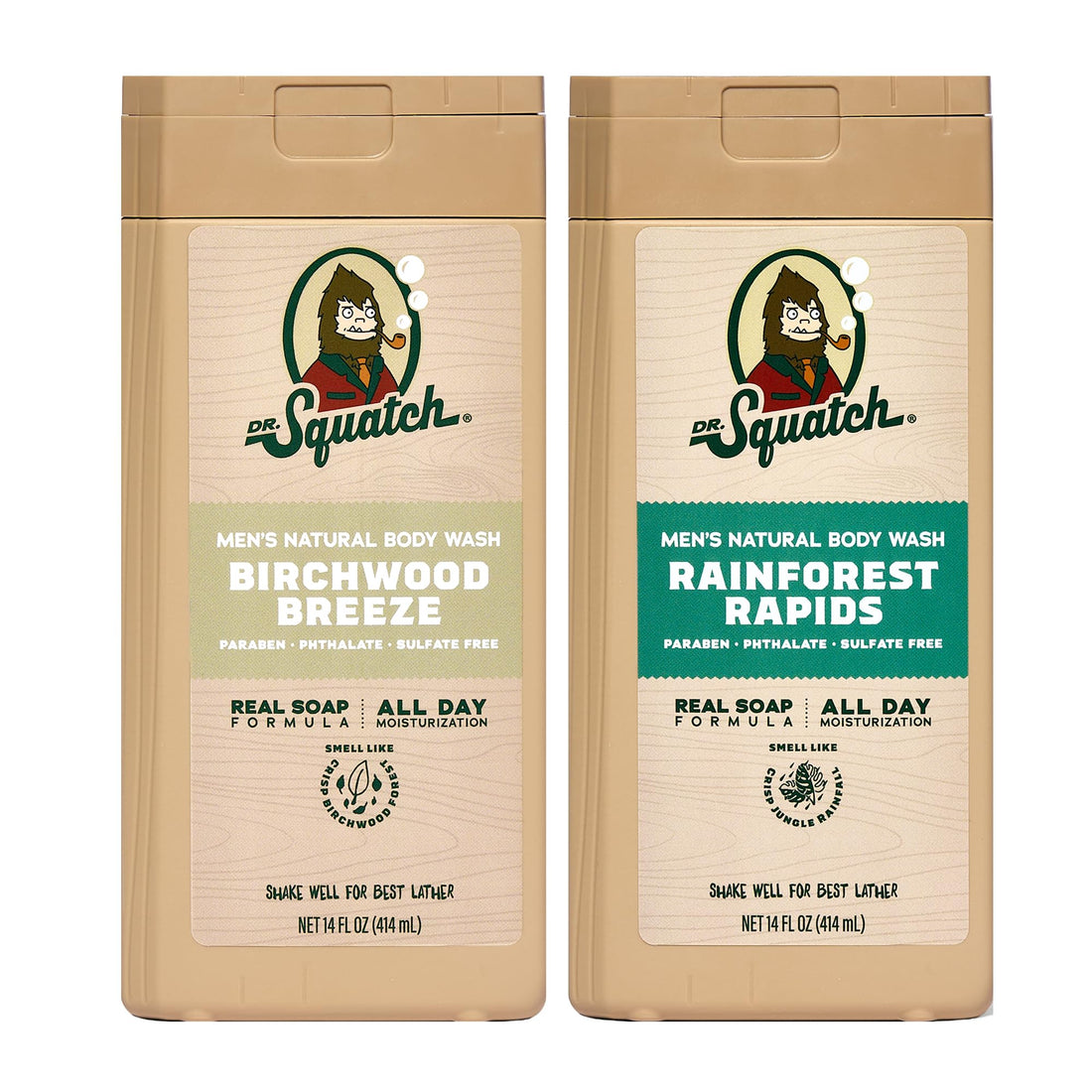 Dr. Squatch Natural Men's Body Wash Shower Gel - Cleansing, Nourishing, Long Lasting Scent, Moisturizing Body Wash for Men - Coconut Castaway + Wood Barrel Bourbon (14 oz, 2-Pack)