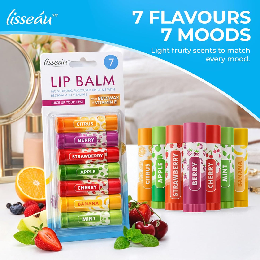 SOL 7pk Womens Lip Balm Set Flavoured Moisturiser for with Beeswax & Vitamin E - Fruit Lipbalm for Girls and Teens, Moisturising Balms Multipack Sticks for Dry and Chapped Lips for Daily Use & Gifting Halalzen
