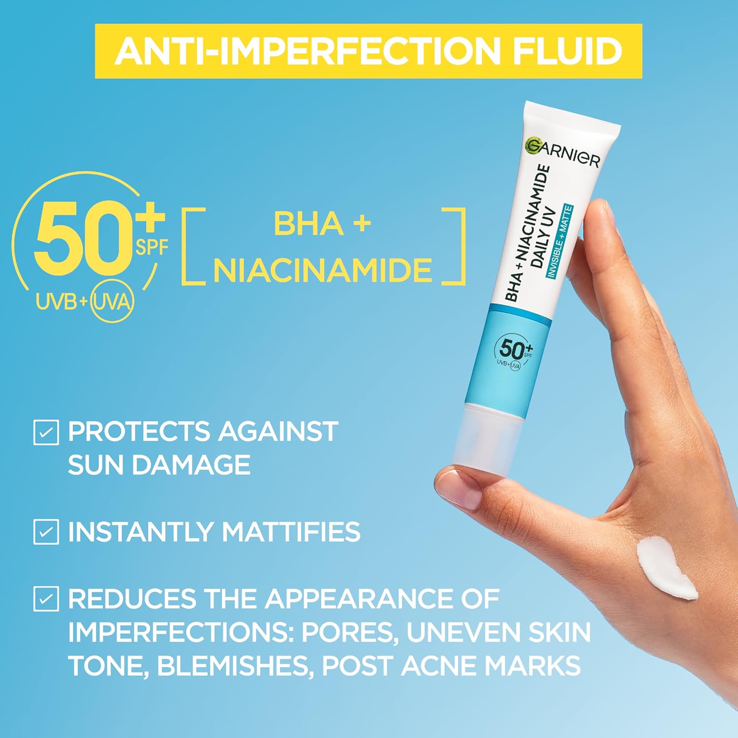 Garnier Sunscreen, With SPF50, Anti Imperfection Fluid, Prevents & Corrects Sun Damage, Invisible and Matte Finsih, Pure Active BHA + Niacinamide Daily UV, 40ml,packaging may vary