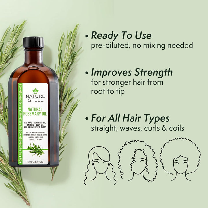 Nature Spell Rosemary Oil for Hair Growth, Pre-Diluted Scalp Oil, Stimulates Growth, Strengthens Dry and Damaged Strands, Nourishes Split Ends, Colour Safe, For All Hair Types, Vegan, 150 ml