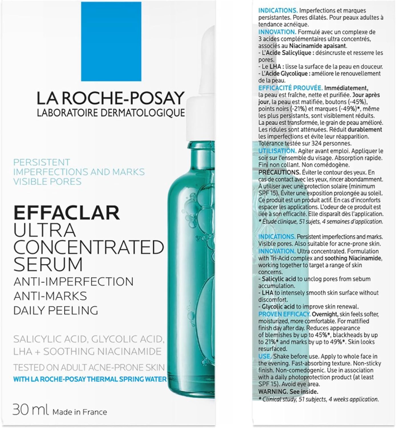 La Roche Posay Effaclar Anti-Aging Facial Serum with Salicylic Acid, Glycolic Acid & Niacinamide, Ultra Concentrated, Targeted Treatment for Blemishes, Fine Lines & Large Pores, 30ml