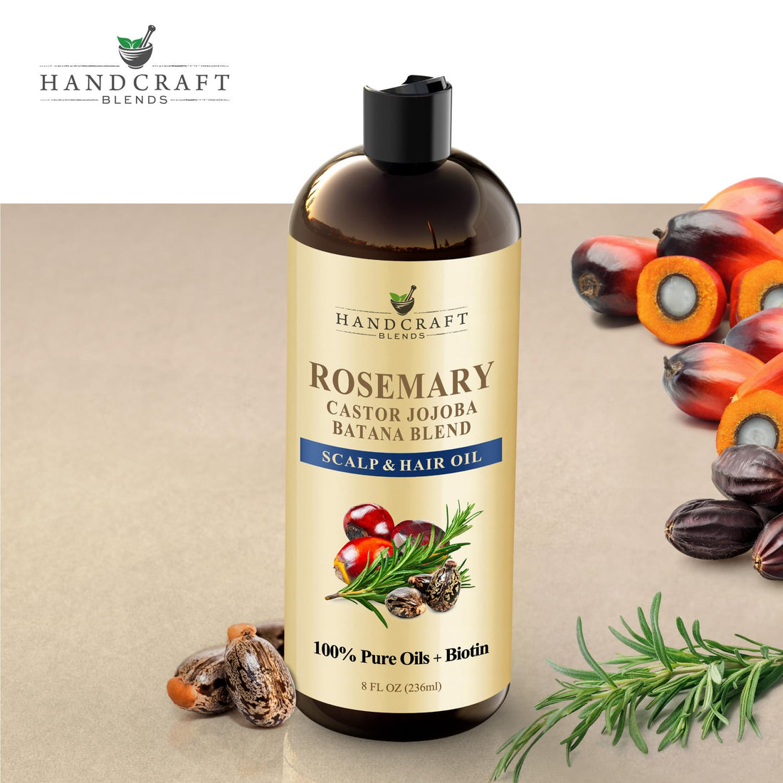 Handcraft Blends Huile de Ricin et Huile de Romarin 236 ml | 100% Pure et Naturelle | Huile Support de Qualité Supérieure | Cheveux, Cils et Sourcils | Cheveux et Corps