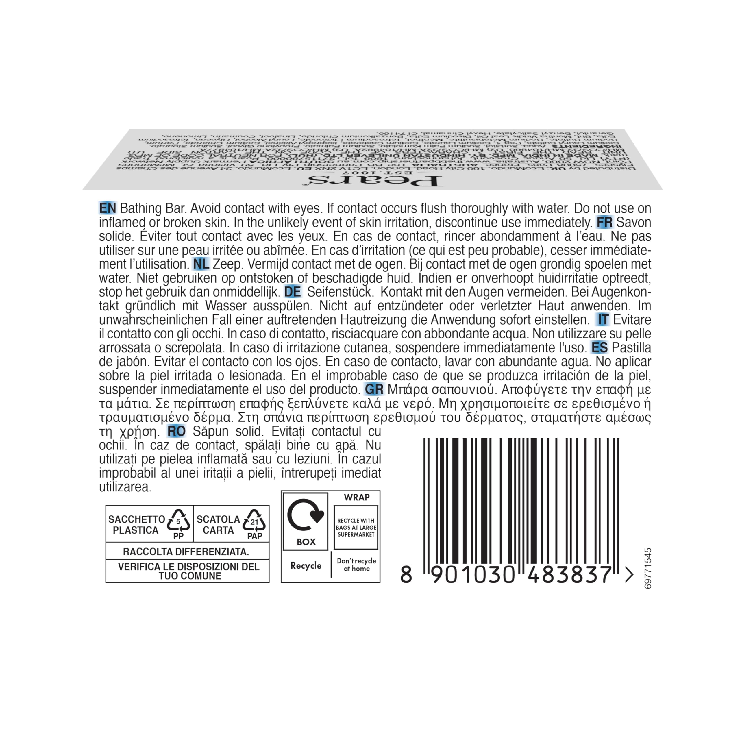 Pears Pure & Gentle Transparent Natural Soap Bar - Made with Mint Extracts, Nourishing and Refreshing Bathing Cleanser, Gentle & Soothing Skin Care, Pure Transparency, Pack of 12 x 125g Halalzen