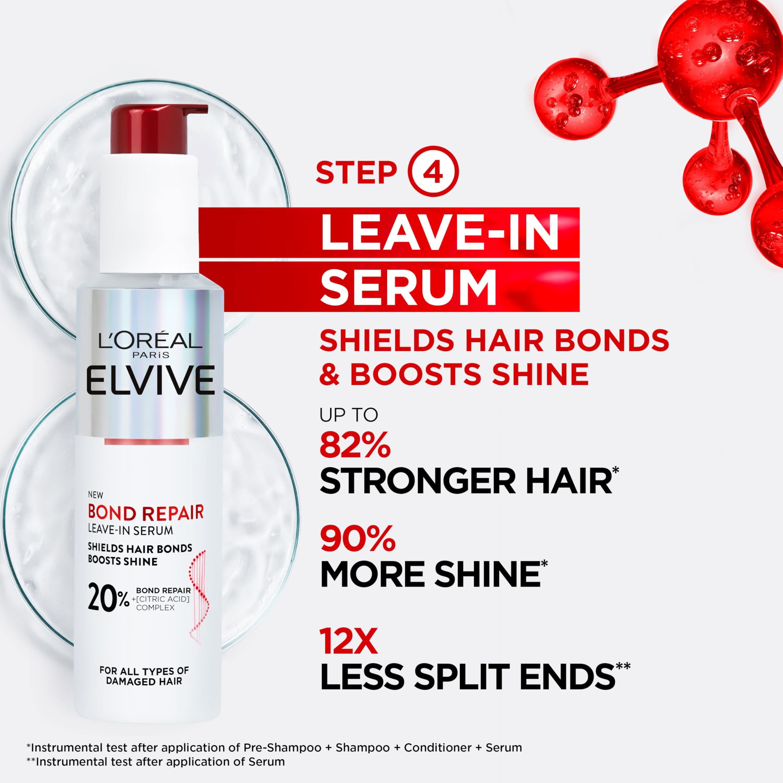 L'Oréal Paris Elvive Bond Repair Leave-In Serum, with Citric Acid Complex, for Stronger Hair, Heat Protection, 12x Less Split-Ends, 98% Stronger, 82% More Shine for Damaged Hair, 150ml