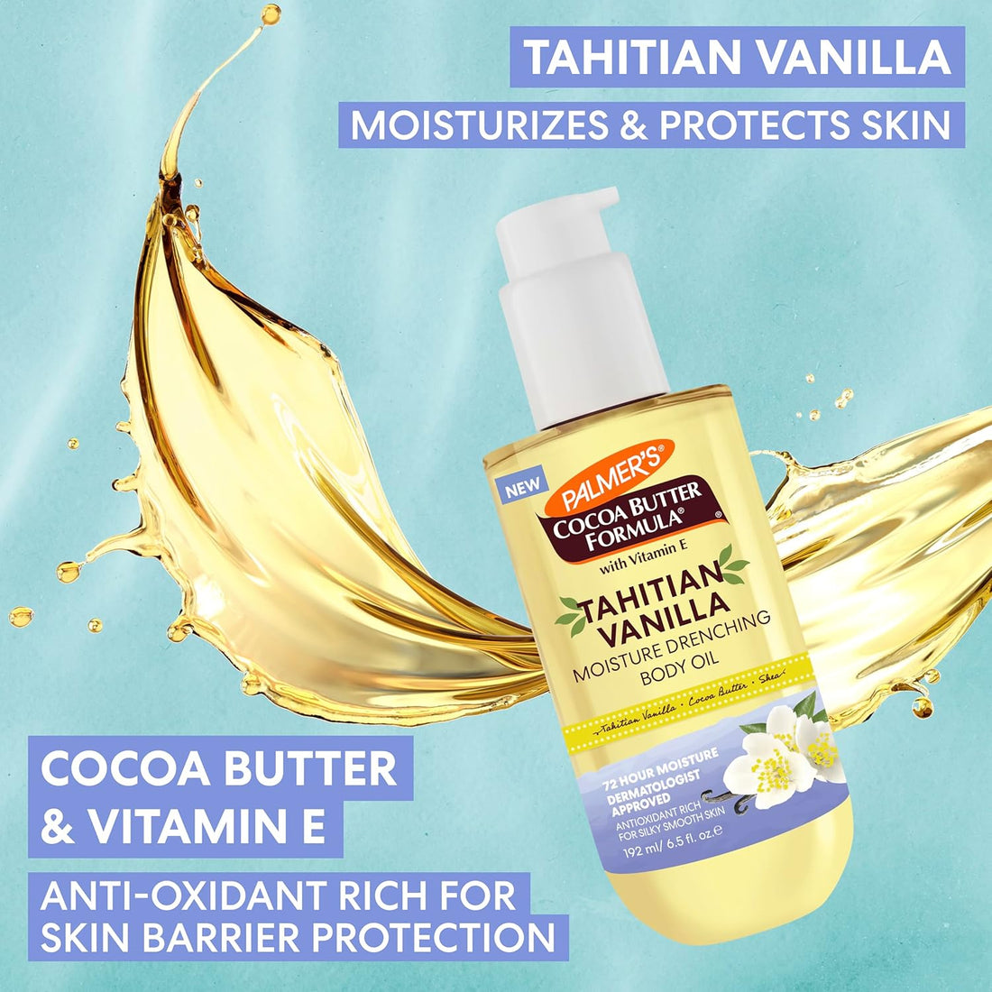 Huile corporelle au beurre de cacao de Palmer's, vanille tahitienne hydratante, 192 ml, hydratation 72 h avec beurre de karité et vitamine E pour une peau plus douce, protège et apaise la sécheresse, approuvée par les dermatologues