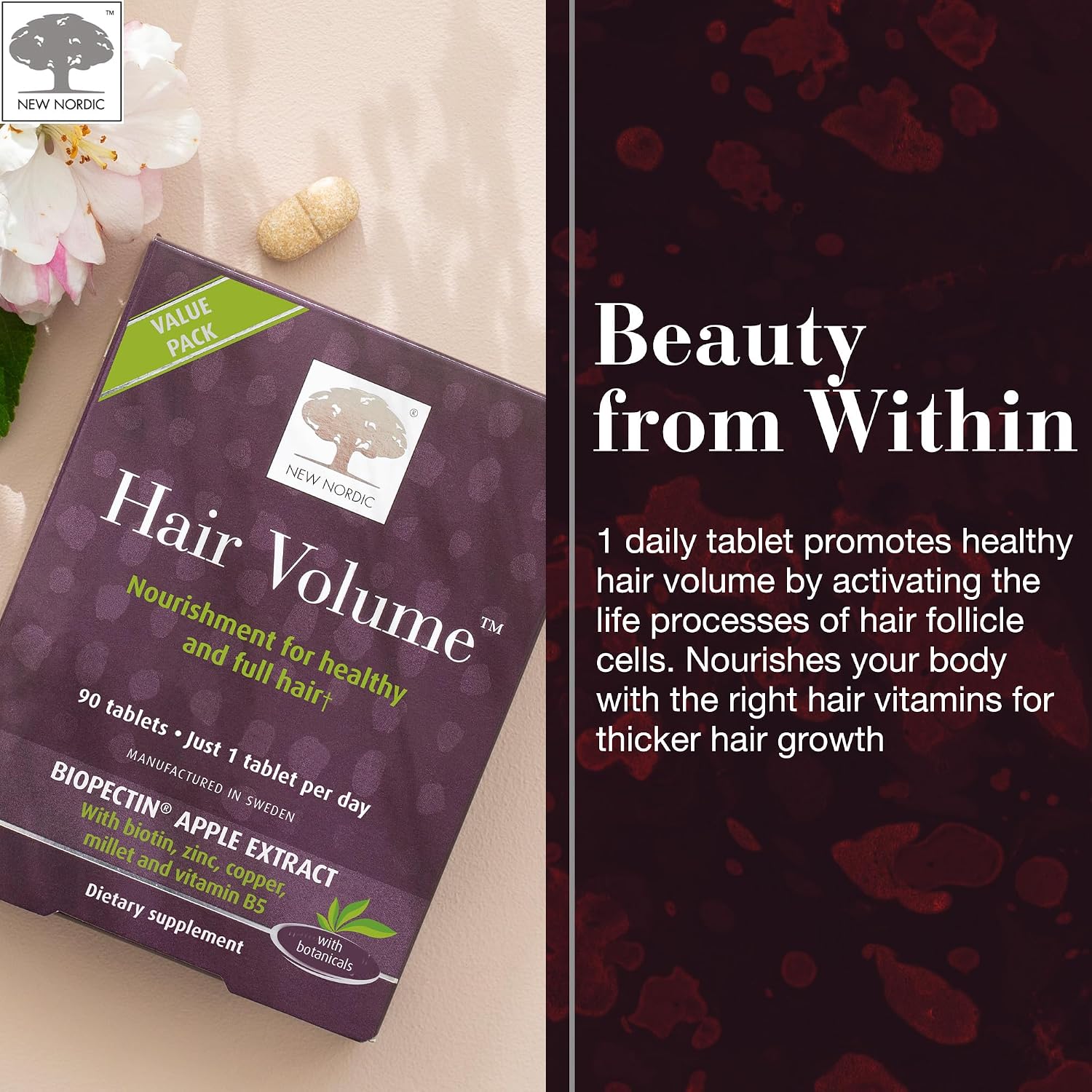 New Nordic Hair Volume 90 Tablets - Clinically Proven Growth Vitamins - Biotin, Zinc & Apple - for Women & Men