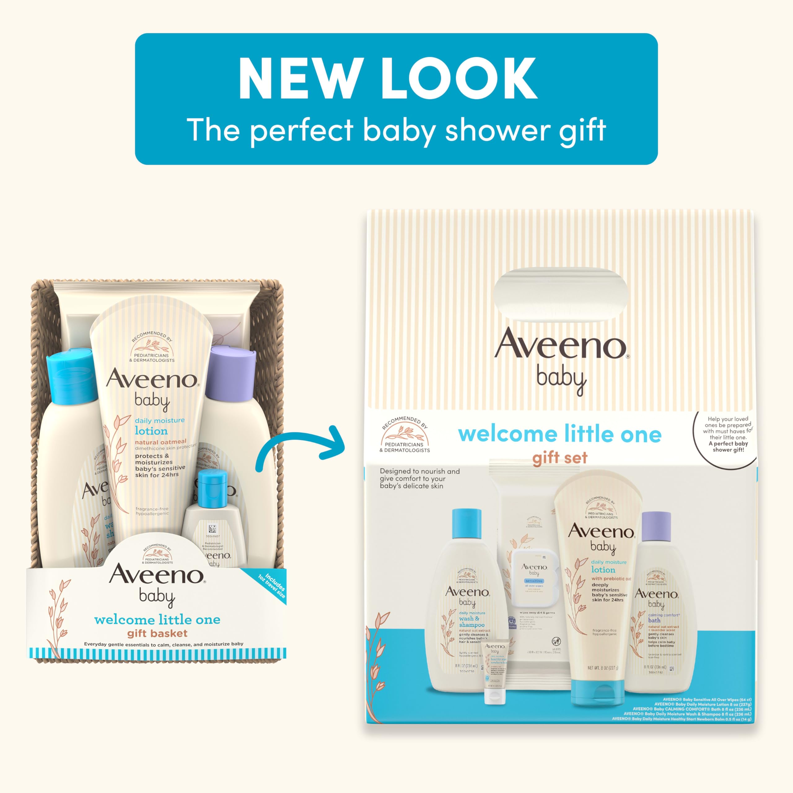 Aveeno Baby Welcome Little One Gift Set, Skincare Set with Nourishing Body Wash & Shampoo, Calming Bath Wash, All Over Wipes, Daily Moisturizing Lotion, & Balm, 5 Items Halalzen