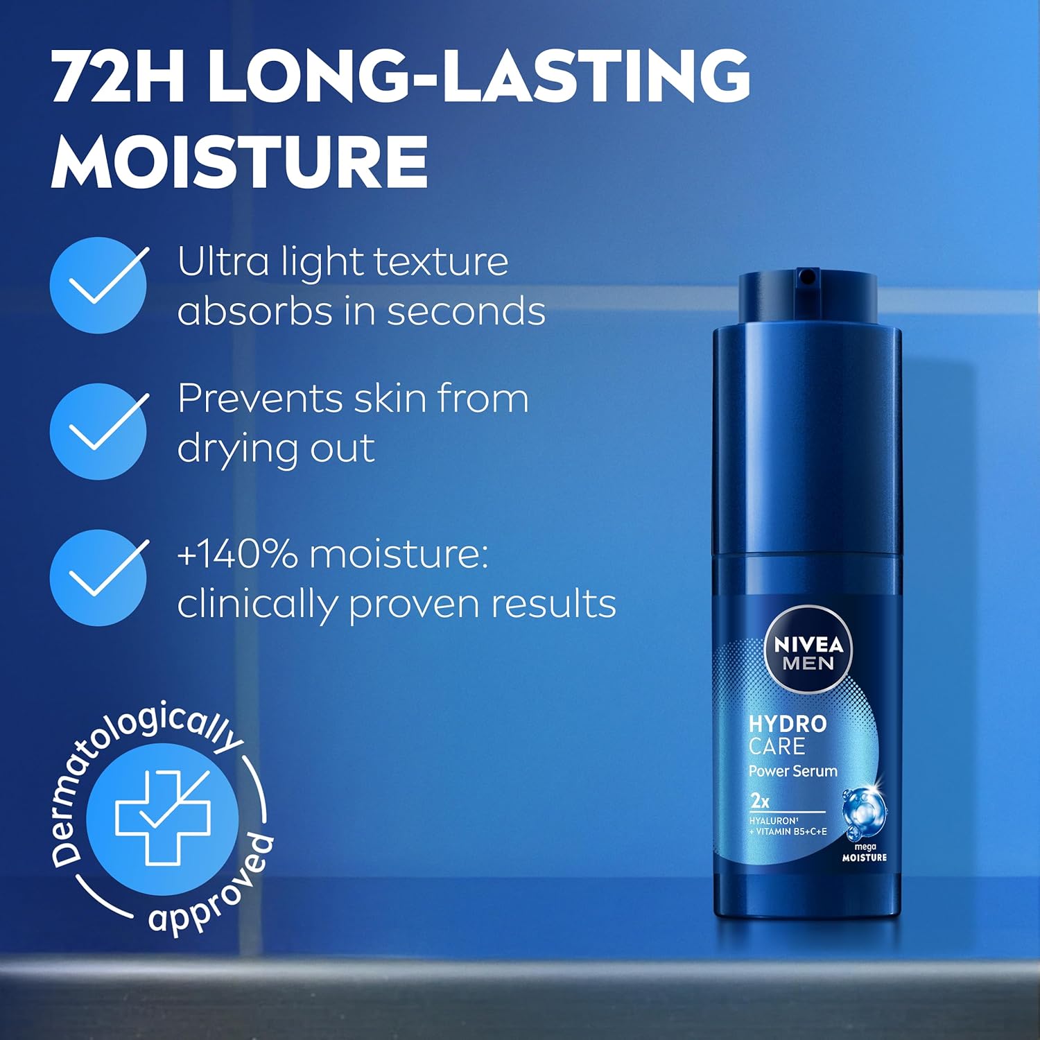 NIVEA MEN Hydrocare Power Serum (30ml), Face Serum For Dry Skin, 72H Hydration Formula with Hyaluronic Acid, Deeply Hydrating Moisturiser for Men