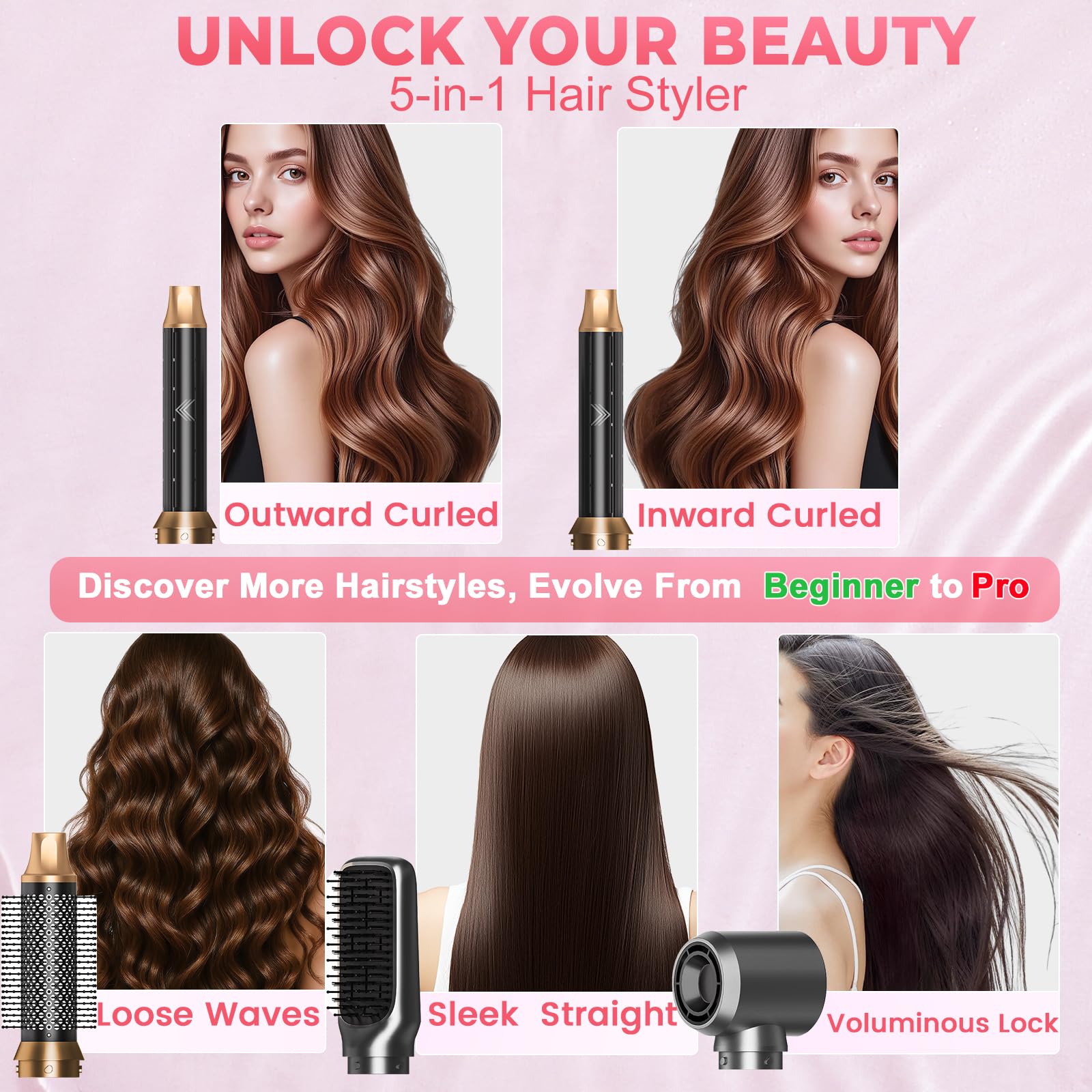 5 in 1 Hair Styler for Woman, Air Curling Wrap, Drying, Curling, Straightening & Volumizing, Hot Air Curler Dryer Brush Tool Set, Curl Styling Tools - Blush Halalzen