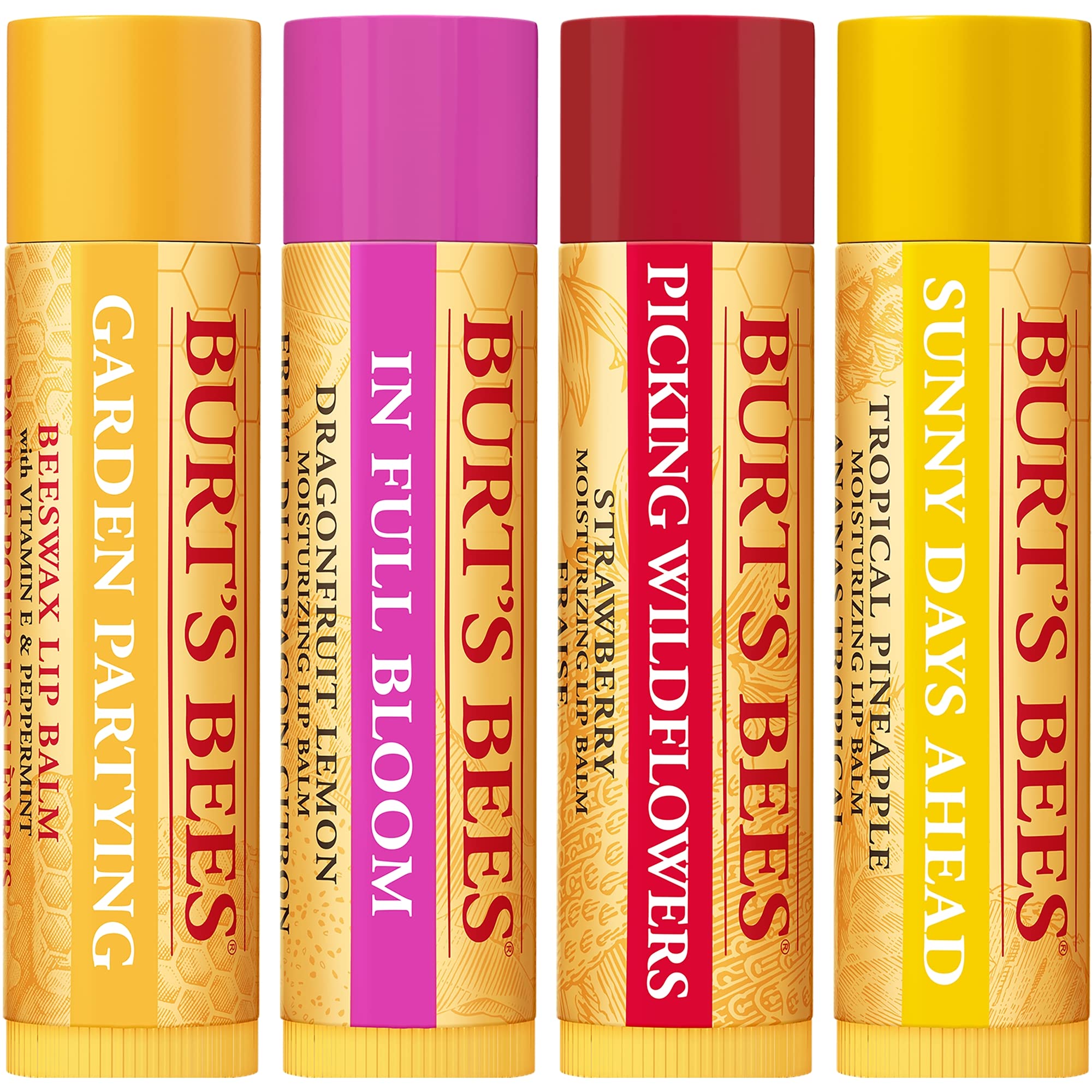 Burt's Bees Lip Balm Gift Set, Beeswax, Strawberry, Tropical Pineapple, Dragonfruit Lemon, In Full Bloom, 4x4.25g Halalzen