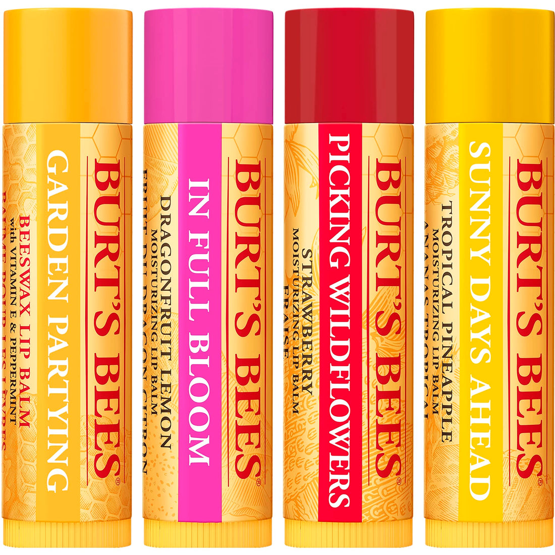 Burt's Bees Lip Balm Gift Set, Beeswax, Strawberry, Tropical Pineapple, Dragonfruit Lemon, In Full Bloom, 4x4.25g Halalzen