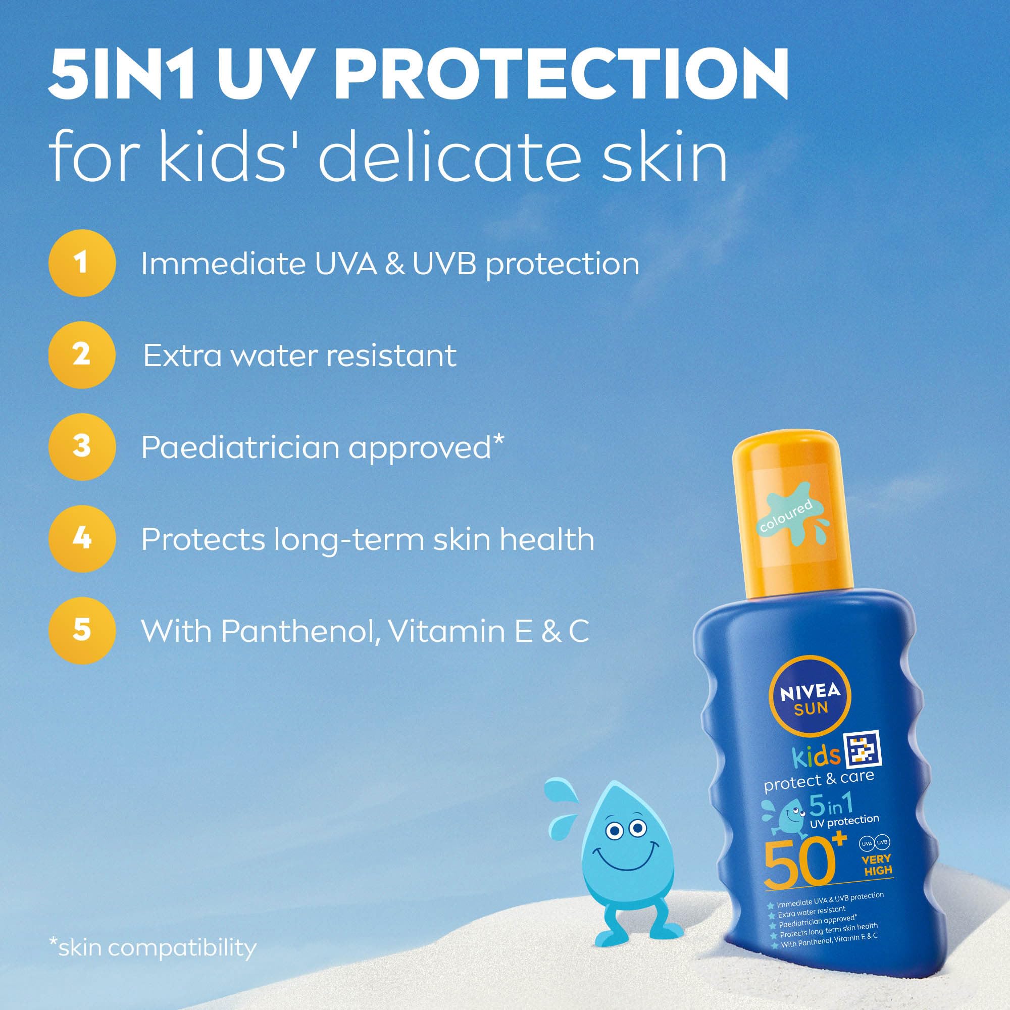 NIVEA Sun Kids Protect & Care To Go SPF 50+ Lotion (50ml), Moisturising Kids Sun Cream Immediately Protects Delicate Skin Against Sunburn and Long-Term UV Damage, Fast-Absorbing No White Cast Formula