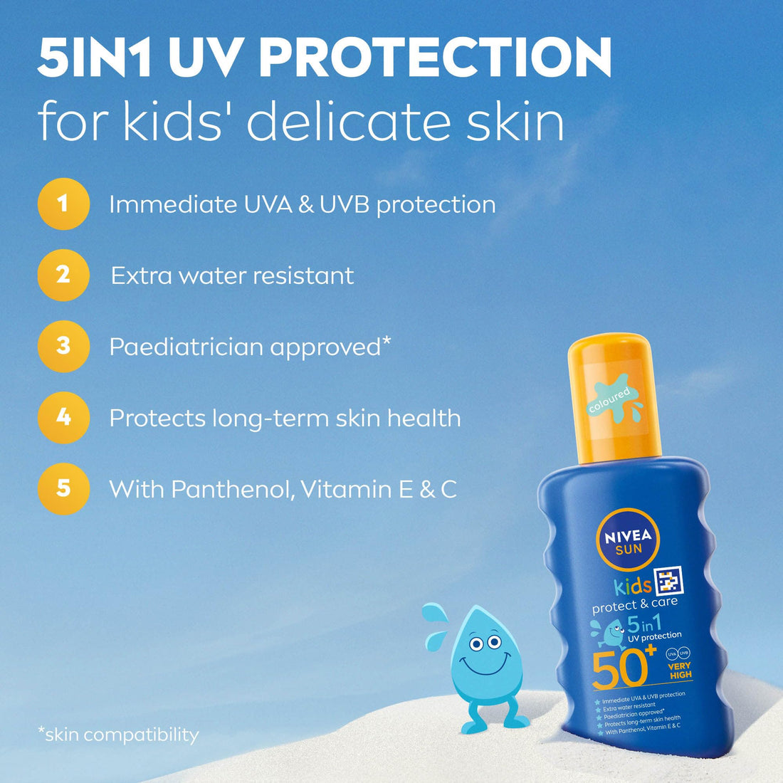 NIVEA Sun Kids Protect & Care To Go SPF 50+ Lotion (50ml), Moisturising Kids Sun Cream Immediately Protects Delicate Skin Against Sunburn and Long-Term UV Damage, Fast-Absorbing No White Cast Formula