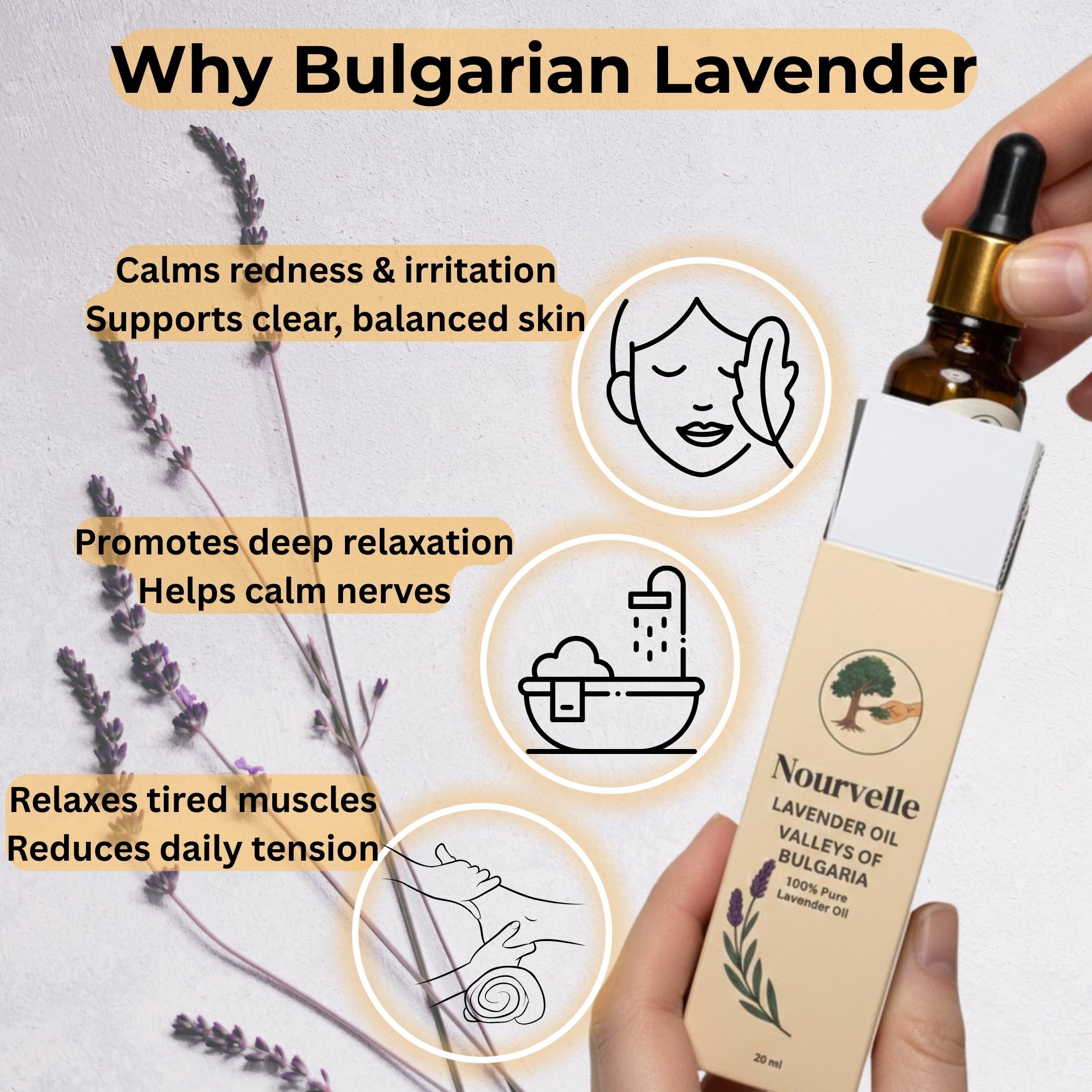 French Lavender Essential Oil 100% Pure & Natural – Lavandula Angustifolia – Aromatherapy Oil for Relaxation, Sleep, Stress & Anxiety Relief, Massage & Skin Care – 20ml