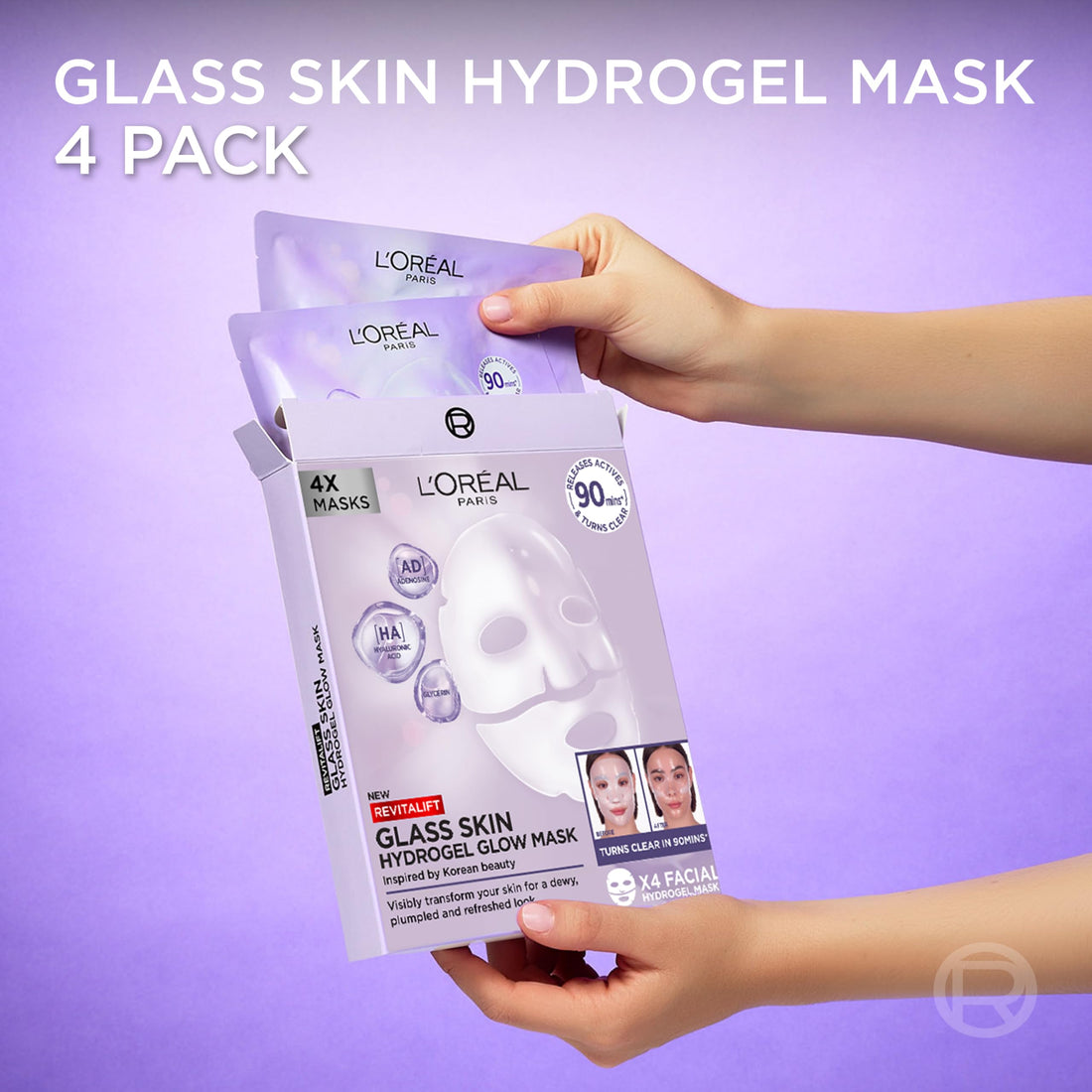 L'Oreal Paris Glass Skin Korean Face Mask 4 Pcs, Revitalift Filler Hydrogel Glow Mask, Korean Inspired Skincare, Visibly Transform Skin, Dewy, Plumped and Refreshed Look