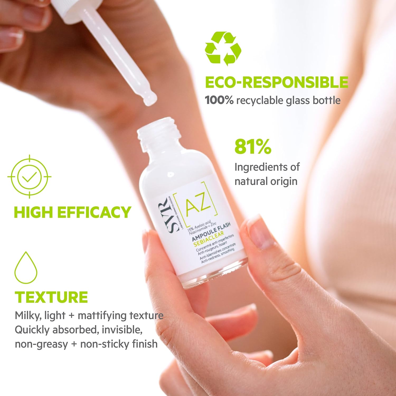 SVR SEBIACLEAR Ampoule [AZ] Flash 15% Azelaic Acid Serum, Retexturises Acne-prone, Oily, Combination Skin. 8% Omega Ceramides + 5% Niacinamide, 30ml