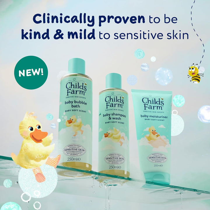 Childs Farm Baby Regime Bundle | Bubble Bath (250ml), Shampoo & Body Wash (250ml) and Body Moisturiser (200ml) | Baby Soft Scent | Suitable for Newborns with Sensitive, Dry, Itchy Skin