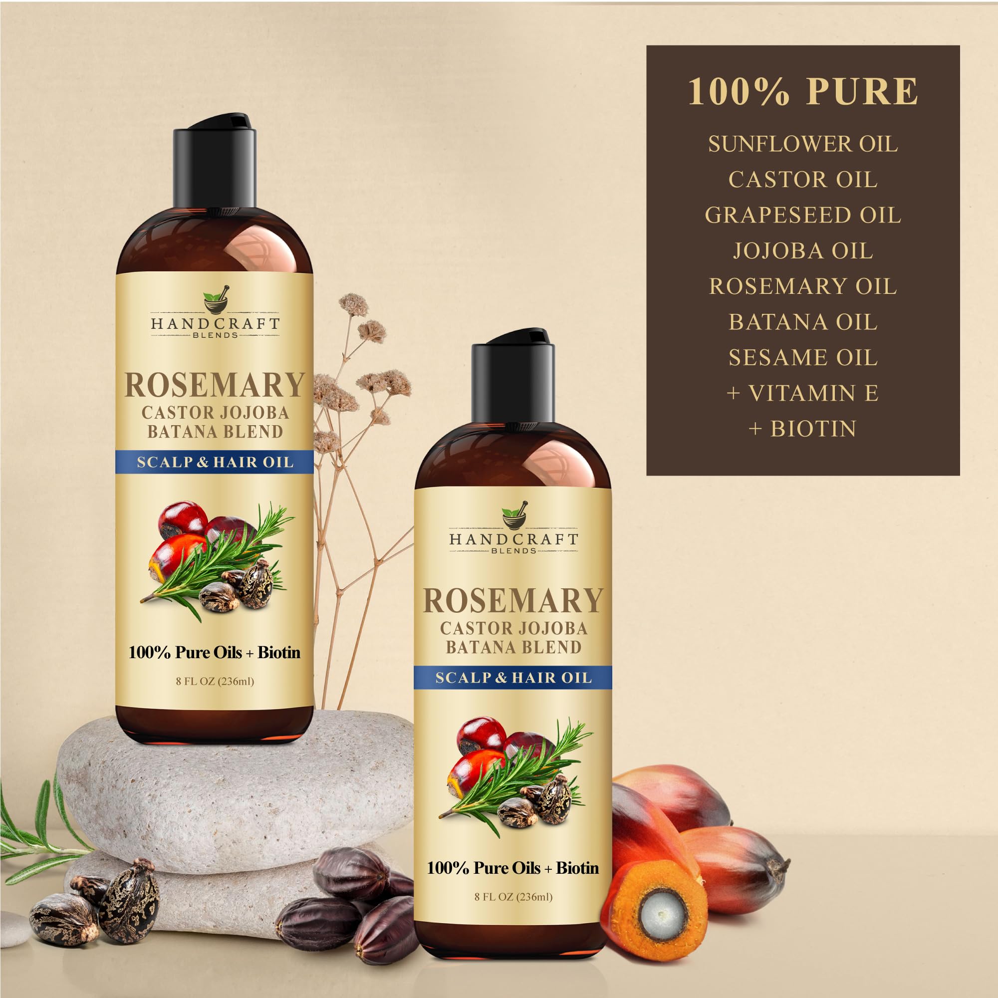 Handcraft Blends Huile de Ricin et Huile de Romarin 236 ml | 100% Pure et Naturelle | Huile Support de Qualité Supérieure | Cheveux, Cils et Sourcils | Cheveux et Corps