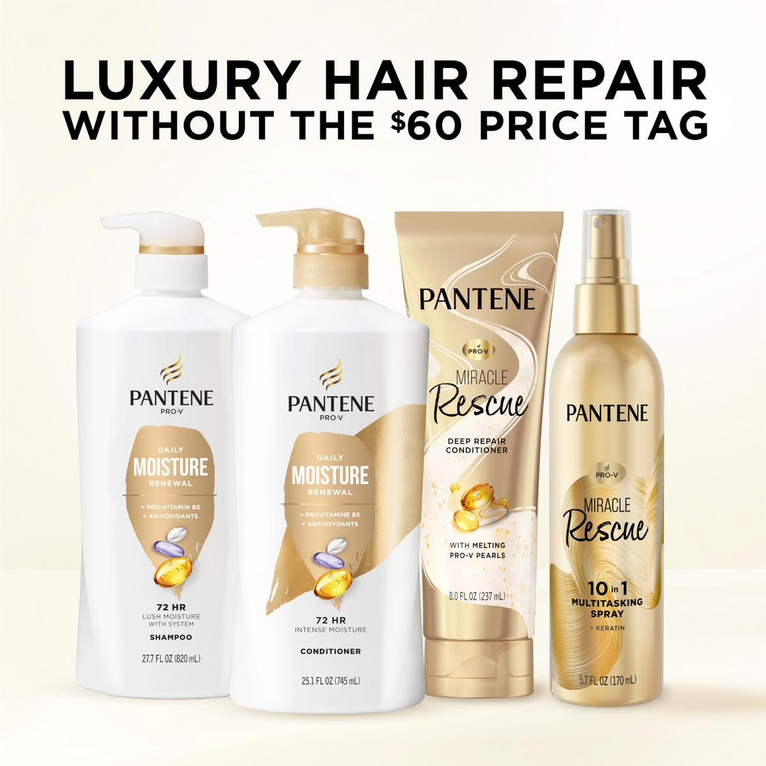 Pantene Shampoo & Conditioner Set, Daily Moisture Renewal - Pro-V Nutrients for Dry, Color-Treated, Straight to Curly Hair, 72-Hour Hydration & Softness, 52.8 Oz Total + Miracle Rescue Shot (0.5 Oz) Halalzen