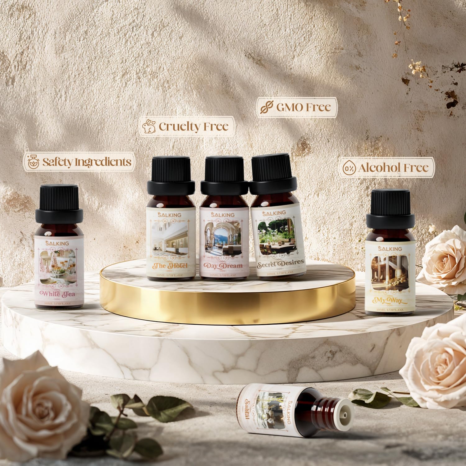 SALKING Essential Oils Set, 100% Pure Fragrance Oil AromatherapyGift, Premium Scented Oils for Diffusers 6 x 10 ML - Lavender, Rose, Jasmine, Cherry Blossom, Gardenia, Chamomile, Pink