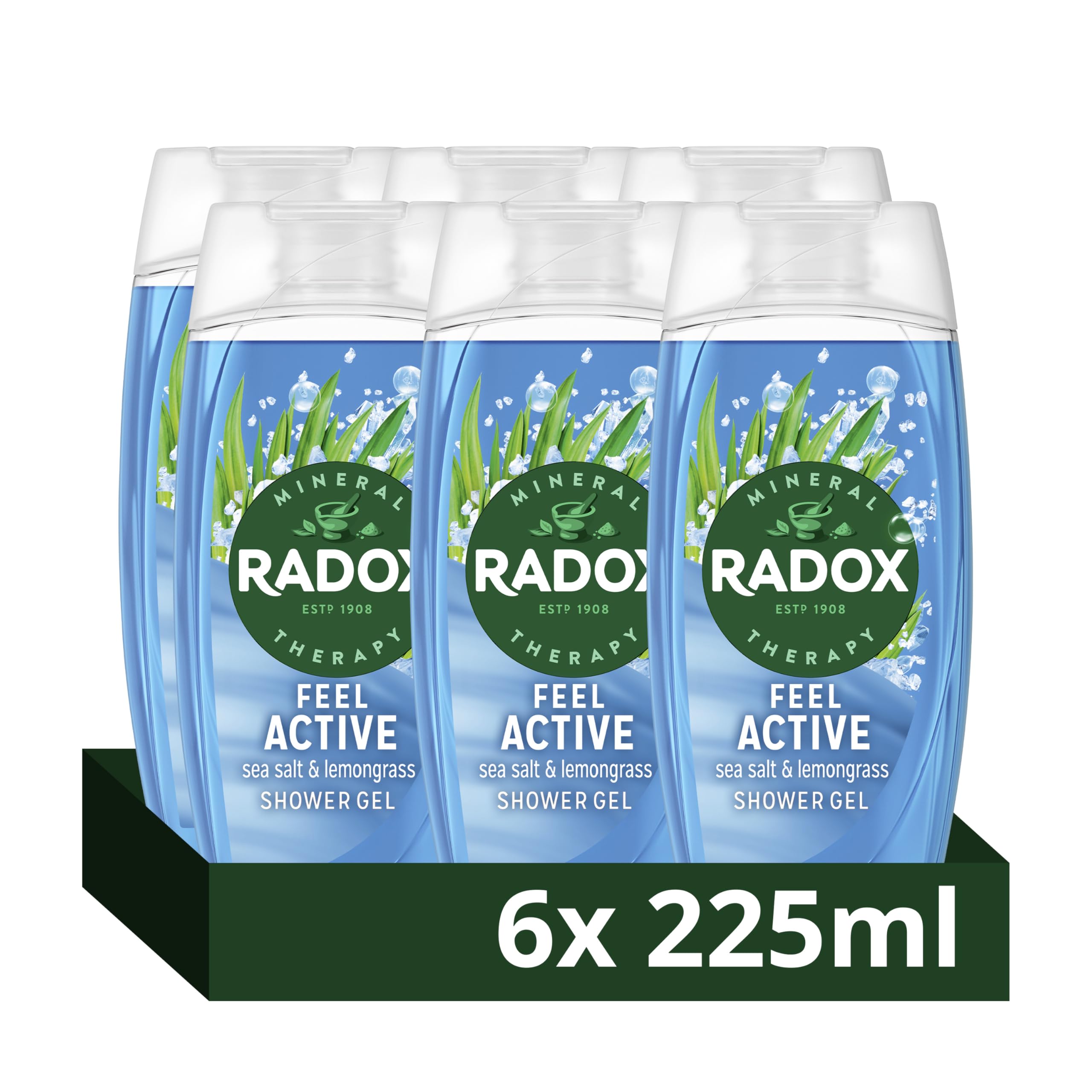 Radox Mineral Therapy Feel Active Body Wash Shower Gel uniquely blended with herbs, minerals, and a sea salt & lemongrass fragrance for a refreshing experience 225 ml, Pack of 6