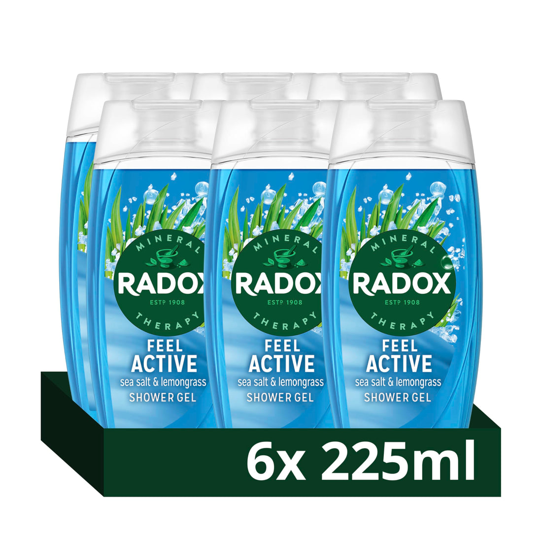Radox Mineral Therapy Feel Active Body Wash Shower Gel uniquely blended with herbs, minerals, and a sea salt & lemongrass fragrance for a refreshing experience 225 ml, Pack of 6
