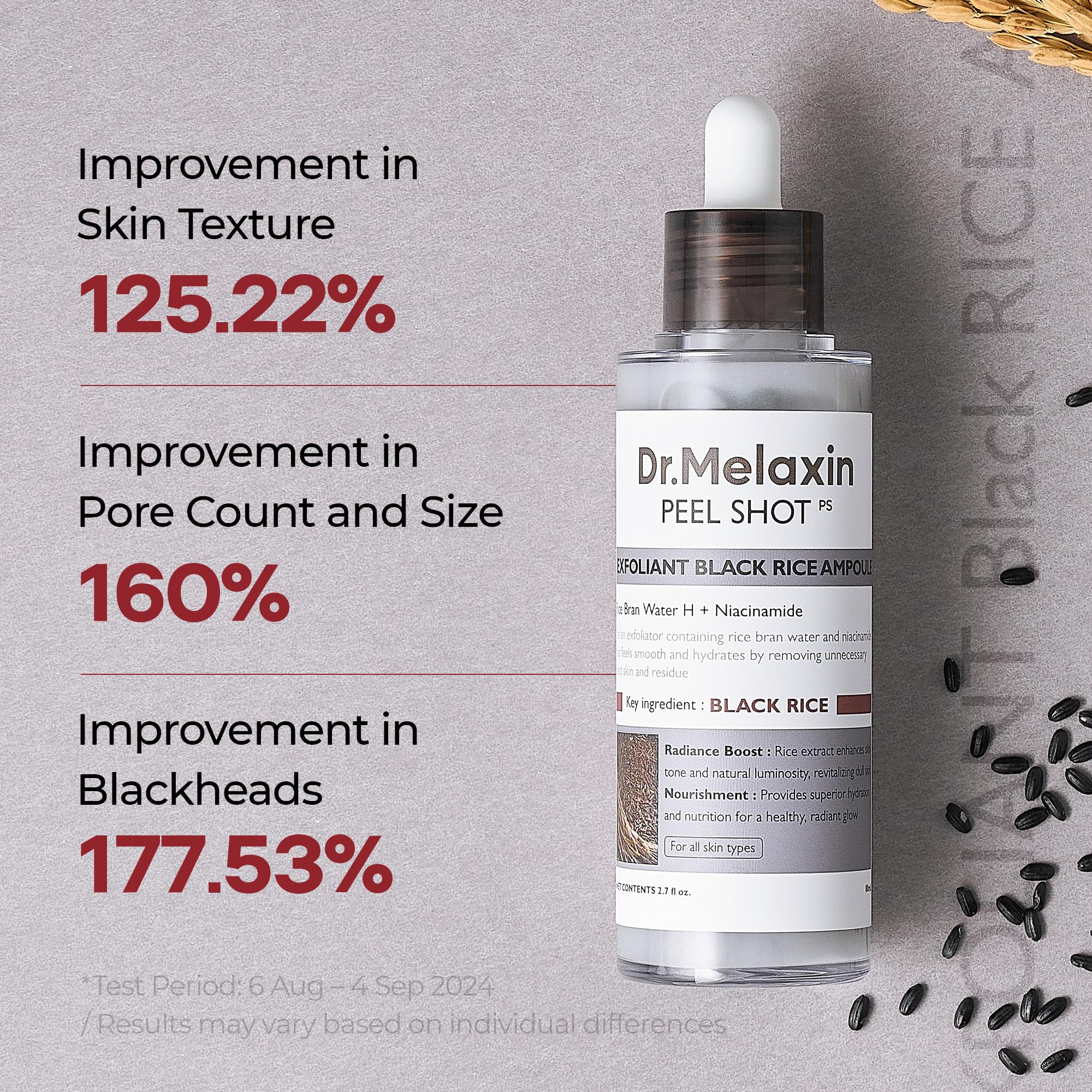 Dr.Melaxin Peel Shot Glow Black Rice Peeling Ampoule – AHA BHA Daily Chemical Exfoliant with Rice Water & Niacinamide, Glass Skin Texture for Dead Skin & Dull Complexion, Korean Skincare 2.7 fl.oz