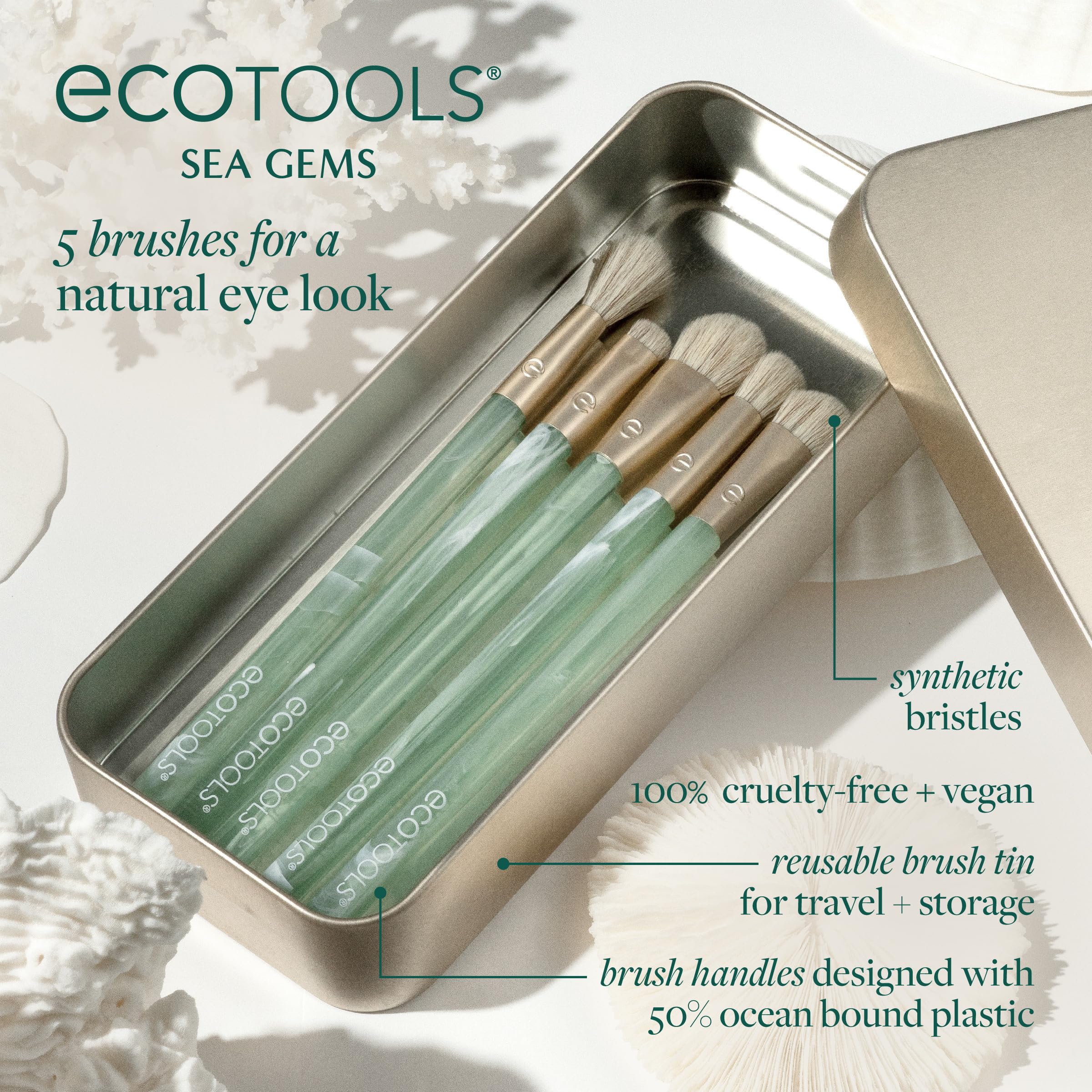 EcoTools Sea Gems Eye Makeup Tool Kit with Reusable Tin, Vegan Cruelty-Free, Liquid, Cream and Powder Compatible, 6 Piece Set Halalzen
