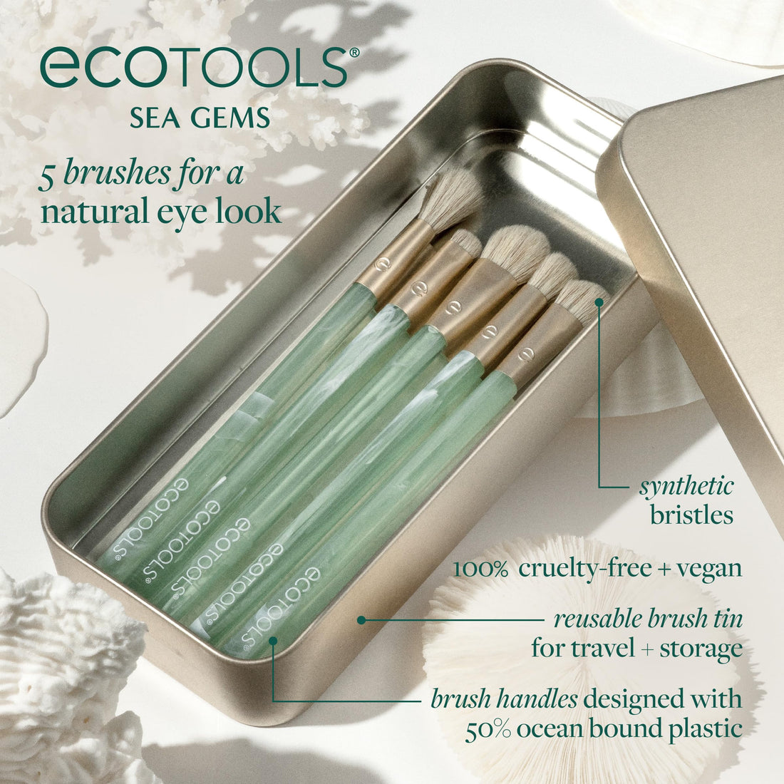EcoTools Sea Gems Eye Makeup Tool Kit with Reusable Tin, Vegan Cruelty-Free, Liquid, Cream and Powder Compatible, 6 Piece Set Halalzen