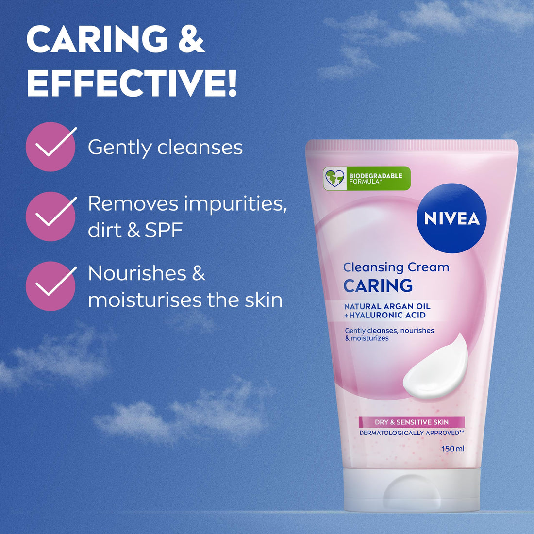 NIVEA Caring Cleansing Cream(150ml), Gentle Face Cleanser for Smooth, Healthy Complexion, Face Wash for Dry and Sensitive Skin
