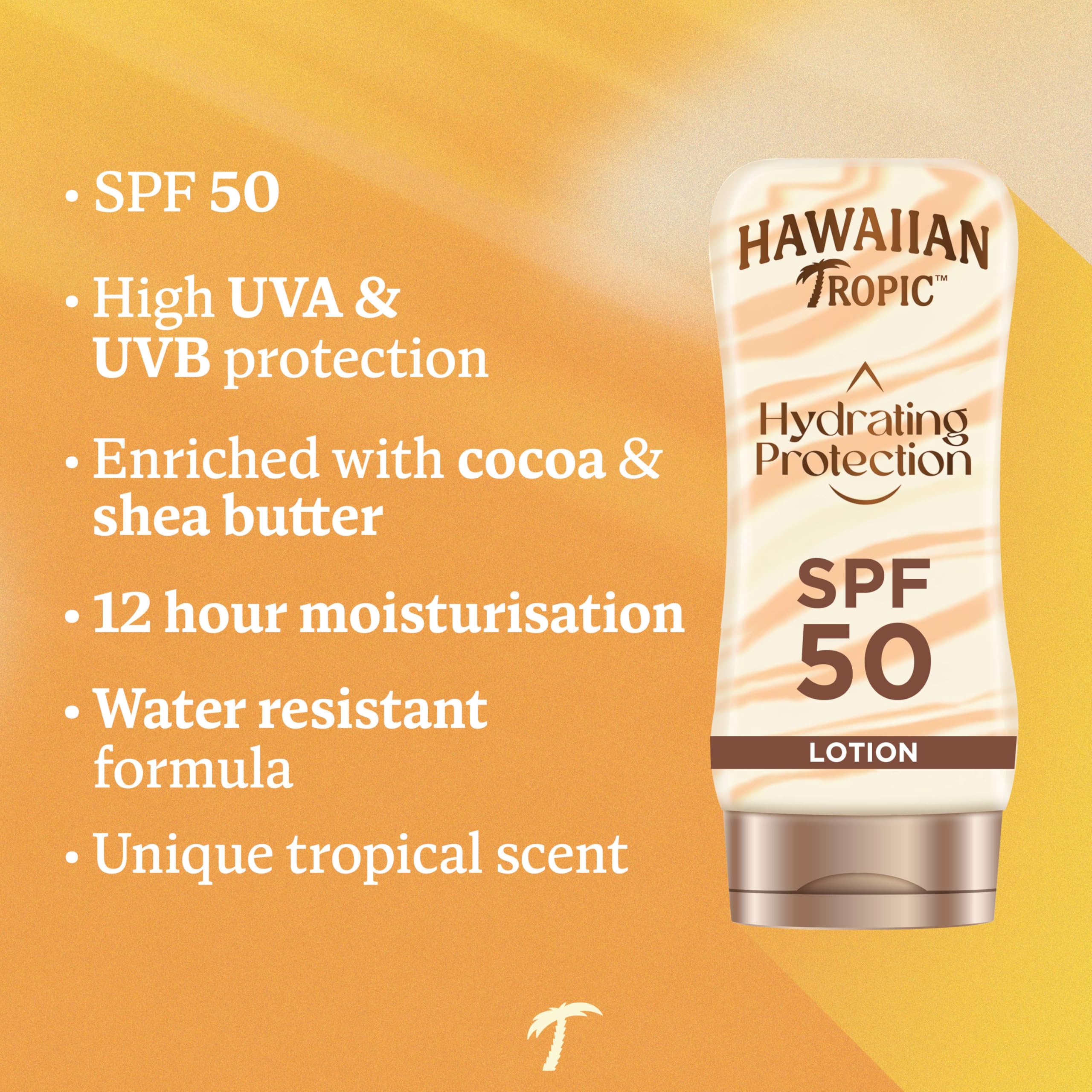Hawaiian Tropic Hydrating Protection Sunscreen Lotion, Water Resistant SPF 30 UVA Plus UVB Protection Suncream, 12-Hour Moisturising Sun Lotion with Cocoa and Shea Butter, 180 ml