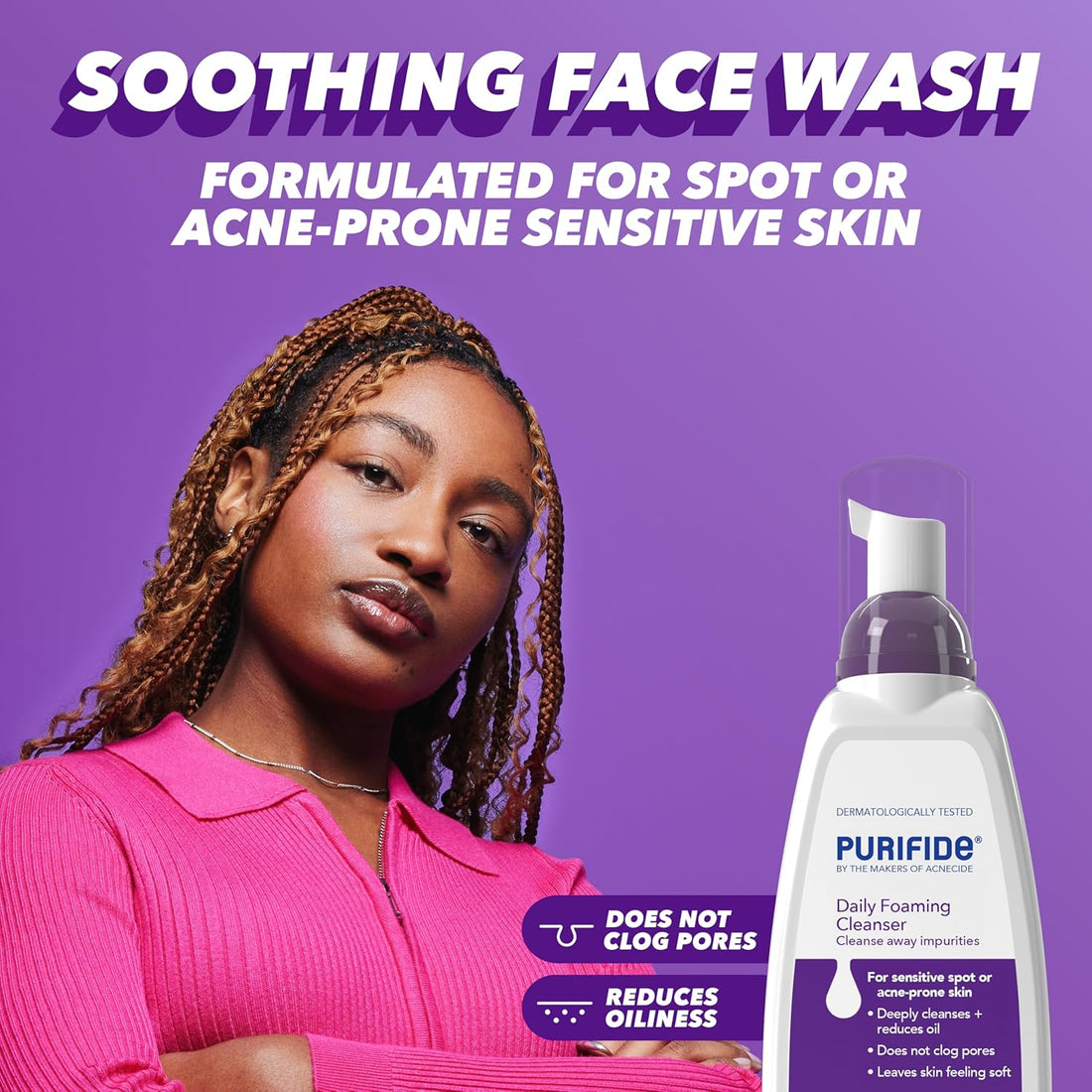 Purifide by Acnecide Daily Cleanser Foaming Acne Face Wash for Spot Prone Skin & Blemish Control, For Women and Men, 235ml, Packaging may vary