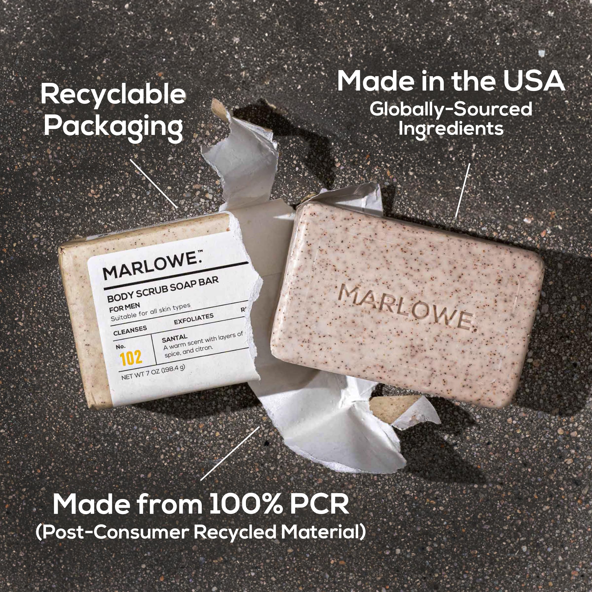 MARLOWE. No. 102 Body Scrub Soap 7 oz, Cedarwood & Sea Salt, Exfoliating Soap Bar with Shea Butter, Olive Oil & Green Tea Extracts, Cleanses, Smooths & Revitalizes Skin, Fresh & Zesty Scent