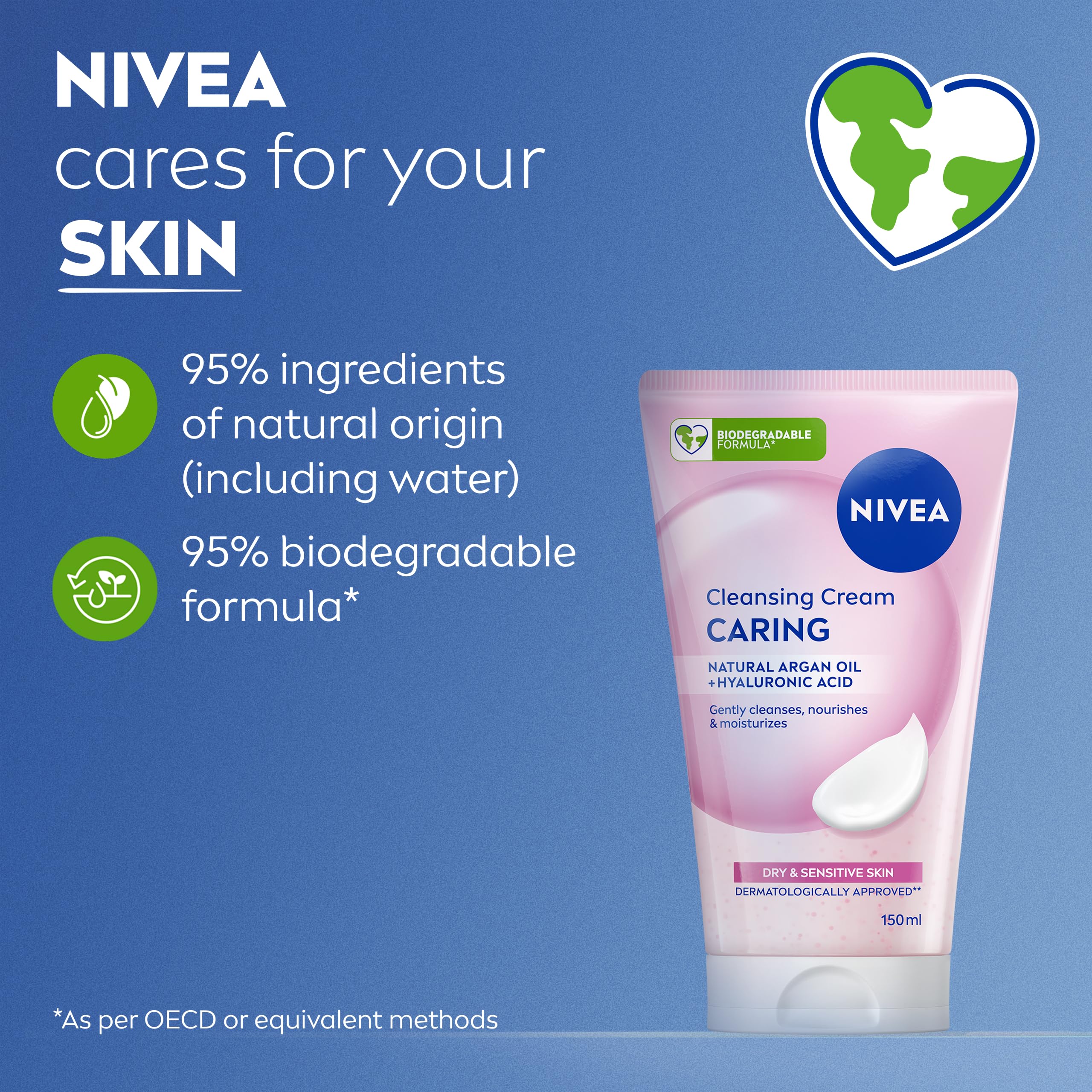NIVEA Caring Cleansing Cream(150ml), Gentle Face Cleanser for Smooth, Healthy Complexion, Face Wash for Dry and Sensitive Skin
