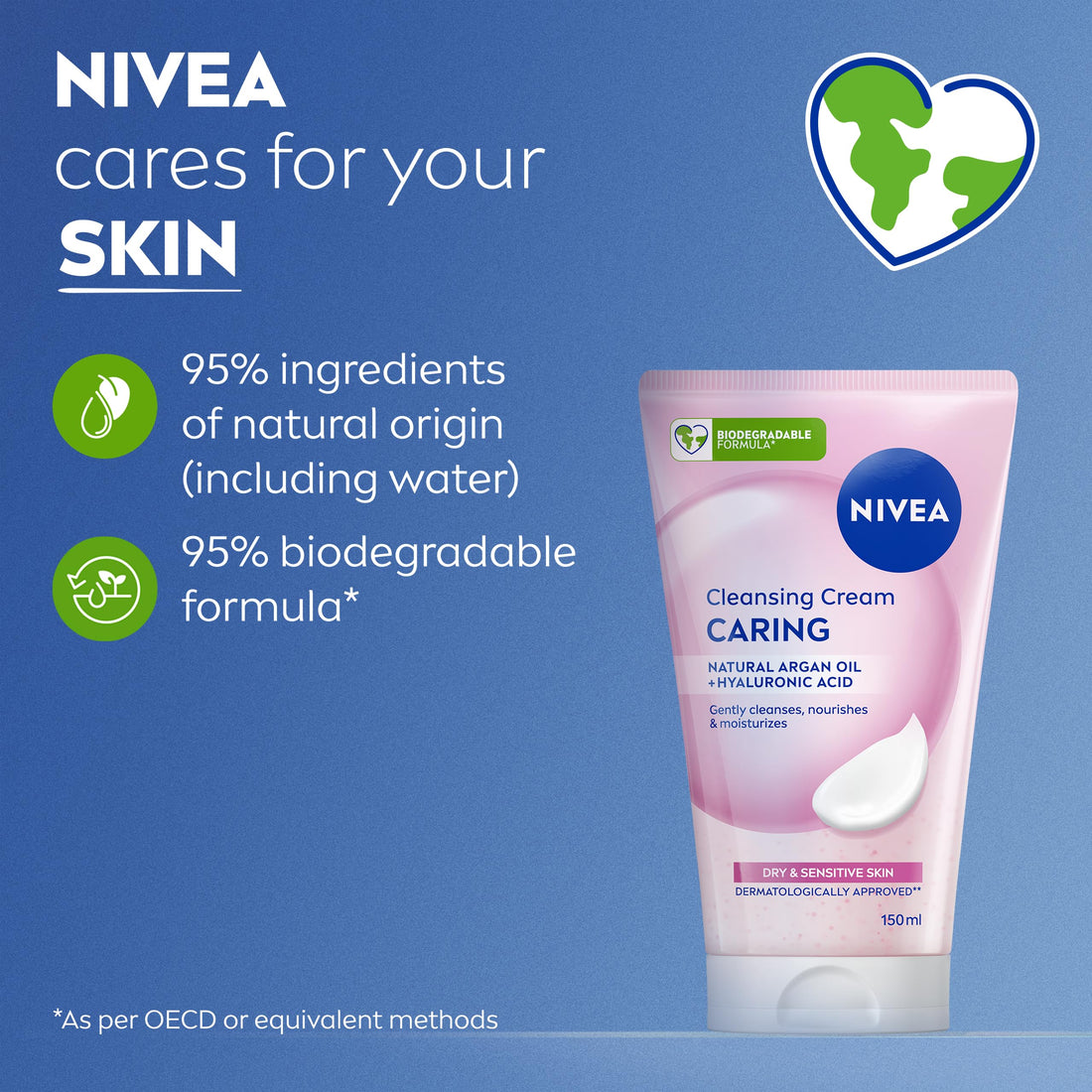 NIVEA Caring Cleansing Cream(150ml), Gentle Face Cleanser for Smooth, Healthy Complexion, Face Wash for Dry and Sensitive Skin