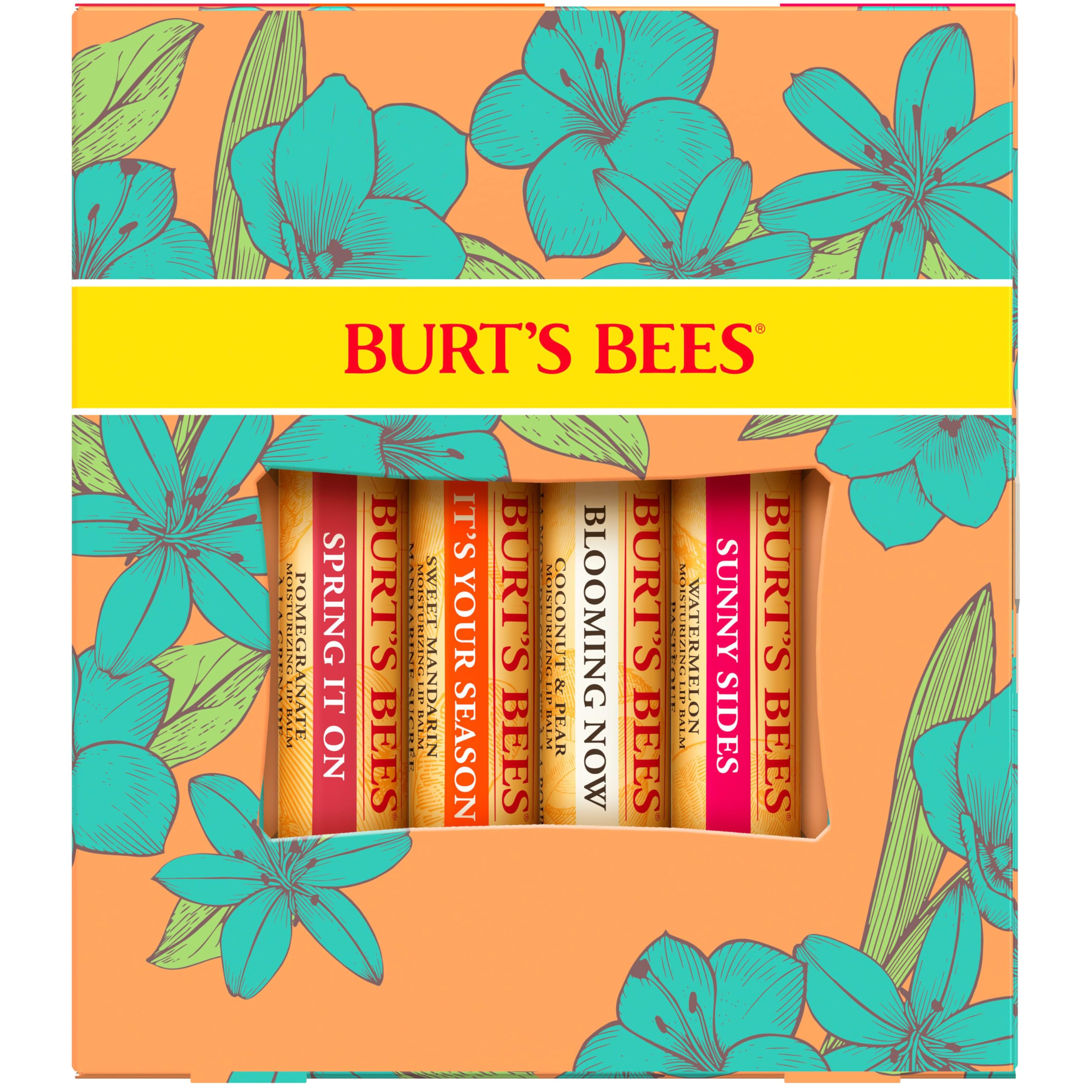 Burt's Bees Lip Balm Gift Set, Beeswax, Strawberry, Tropical Pineapple, Dragonfruit Lemon, In Full Bloom, 4x4.25g Halalzen