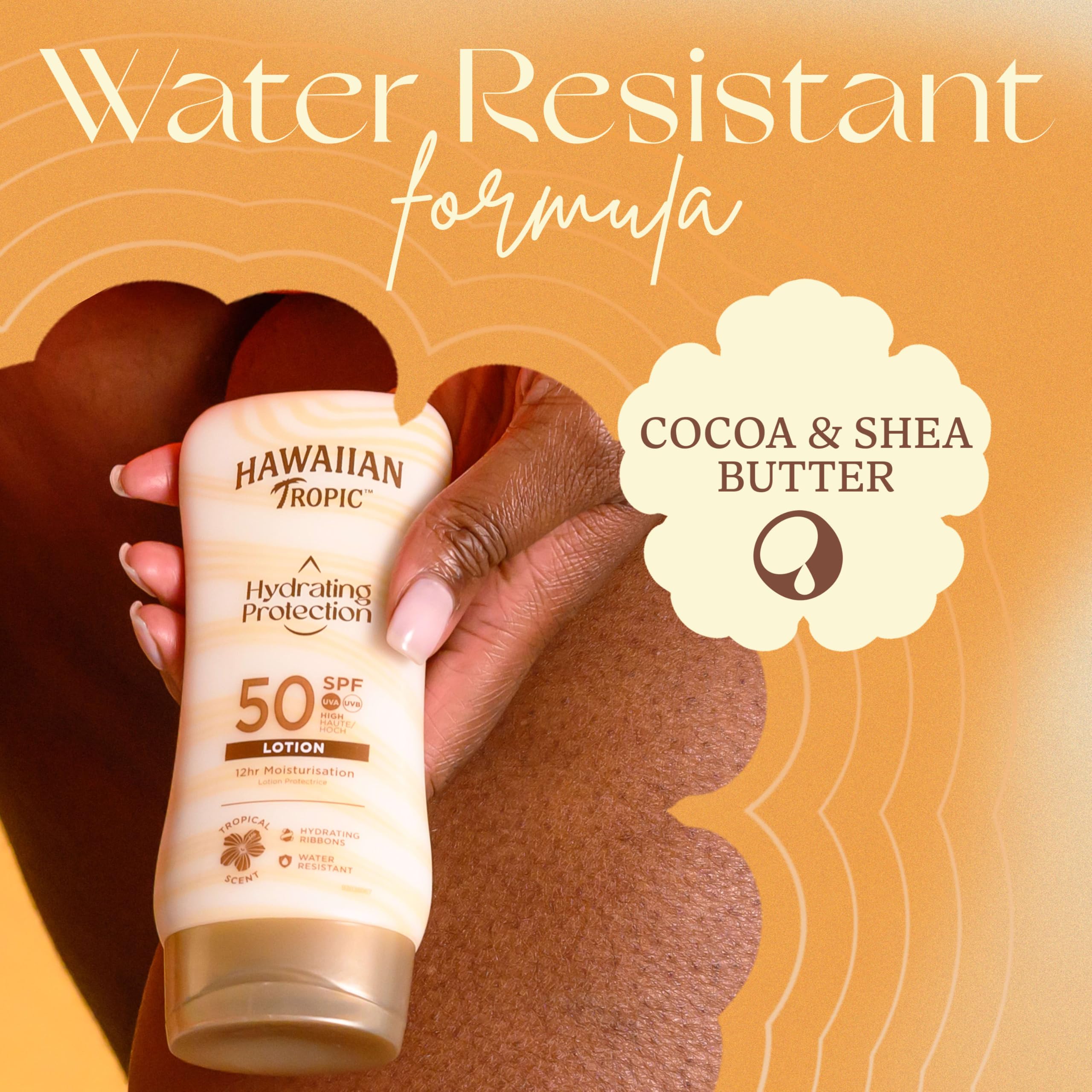Hawaiian Tropic Hydrating Protection Sunscreen Lotion, Water Resistant SPF 30 UVA Plus UVB Protection Suncream, 12-Hour Moisturising Sun Lotion with Cocoa and Shea Butter, 180 ml
