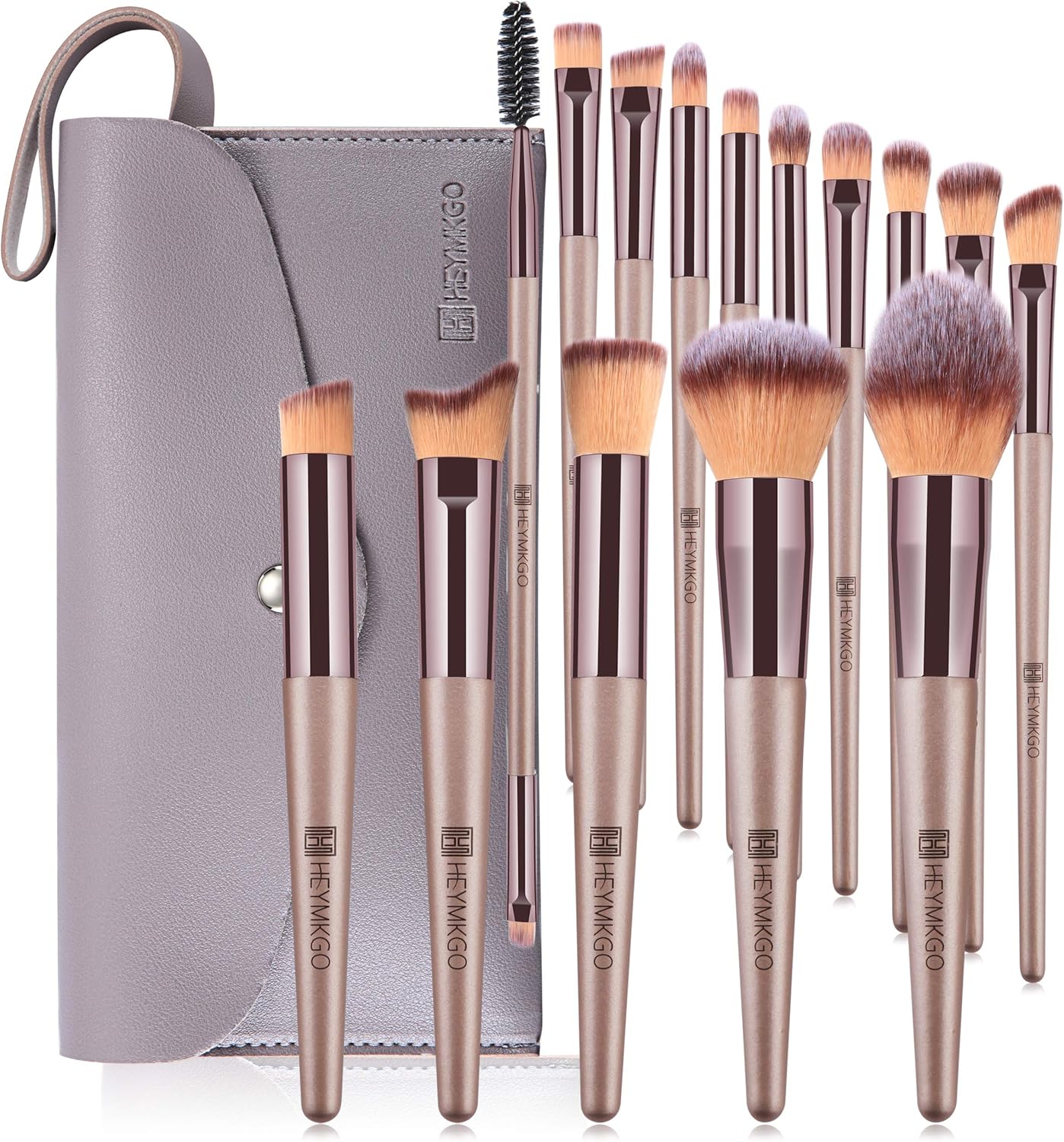 HEYMKGO Makeup Brushes, 15 Pcs Make Up Brushes Set Professional Champagne Gold Makeup Brush Pack, Foundation Blending Powder Blush Concealers Eyeshadow Eyeliner Make-up Brush Kits with Cosmetics Bag Halalzen