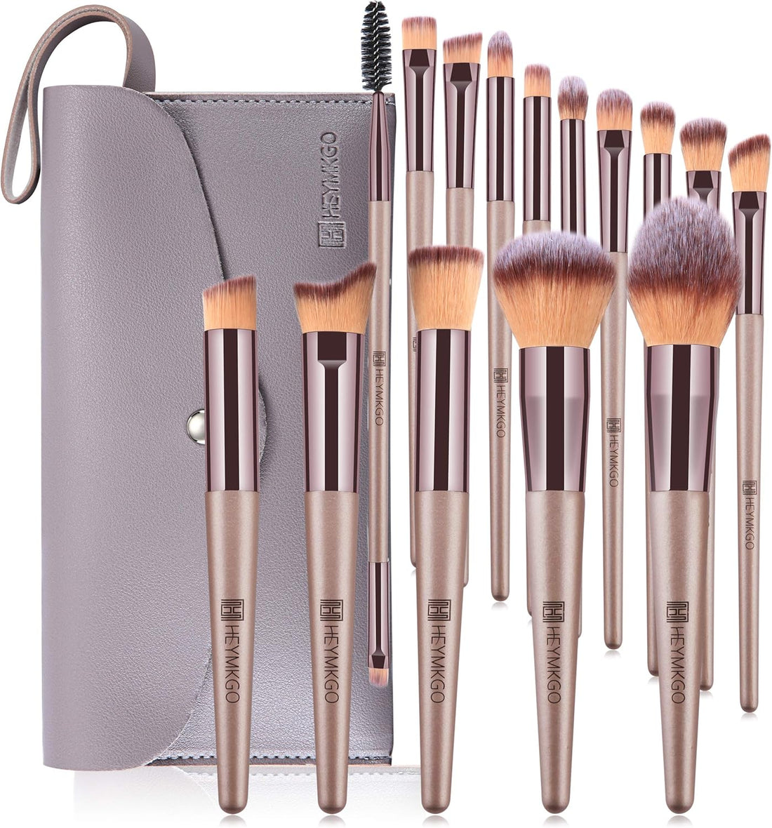 HEYMKGO Makeup Brushes, 15 Pcs Make Up Brushes Set Professional Champagne Gold Makeup Brush Pack, Foundation Blending Powder Blush Concealers Eyeshadow Eyeliner Make-up Brush Kits with Cosmetics Bag Halalzen