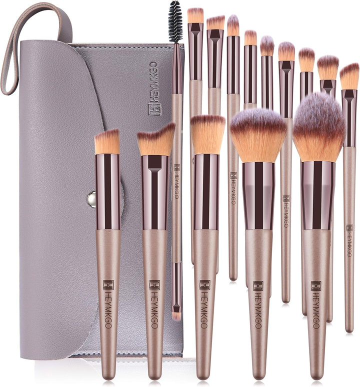 HEYMKGO Makeup Brushes, 15 Pcs Make Up Brushes Set Professional Champagne Gold Makeup Brush Pack, Foundation Blending Powder Blush Concealers Eyeshadow Eyeliner Make-up Brush Kits with Cosmetics Bag Halalzen