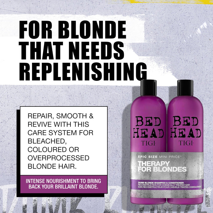 Bed Head by TIGI Dumb Blonde Shampoo & Conditioner Set, 2x 750ml, Keratin Hair Treatment for Bleached & Colour-Treated Hair, Moisturising Formula Repairs Dry Damaged Strands