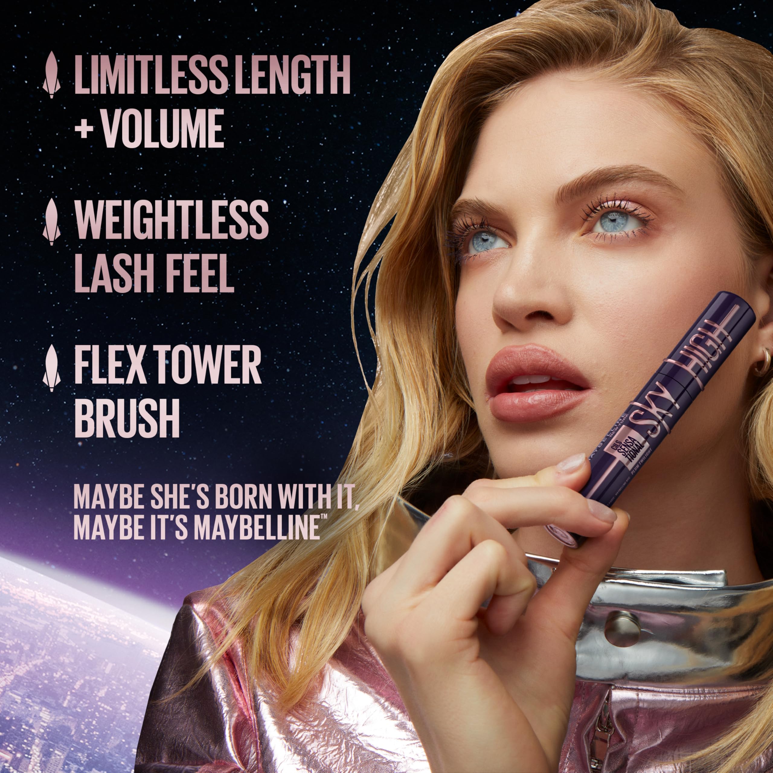 Maybelline Lash Sensational Sky High Washable Mascara Make-up, Volumen, Verlängerung, Definition, Schwung, Multiplikation, aufbaufähige Formel, Very Black, 1 Stück