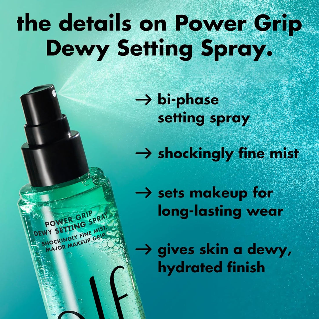 e.l.f. Power Grip Dewy Setting Spray, Ultra Fine Mist Made With Hyaluronic Acid, Grips Makeup For A Hydrated, Dewy Finish, Vegan & Cruelty-Free