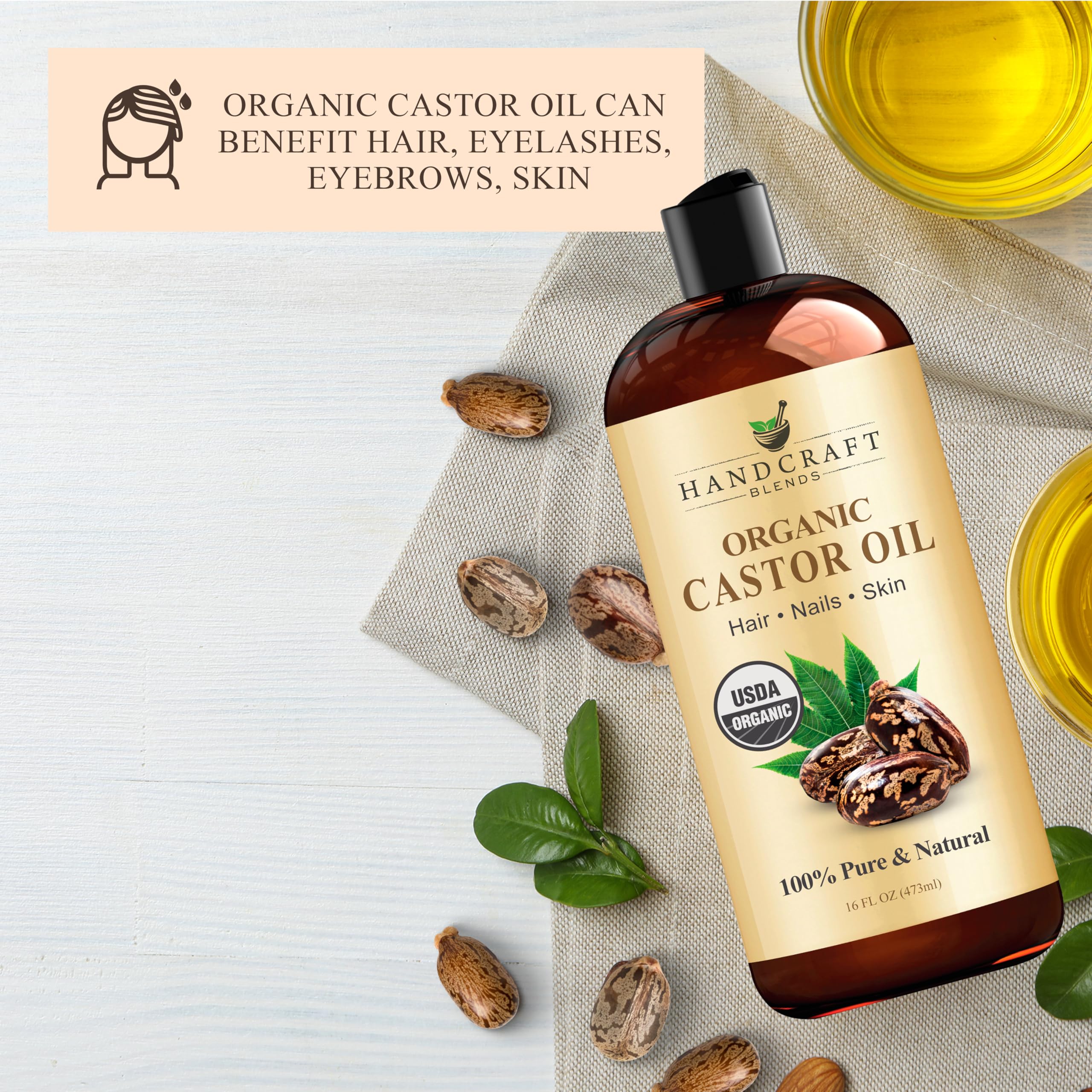 Handcraft Blends Huile de Ricin et Huile de Romarin 236 ml | 100% Pure et Naturelle | Huile Support de Qualité Supérieure | Cheveux, Cils et Sourcils | Cheveux et Corps