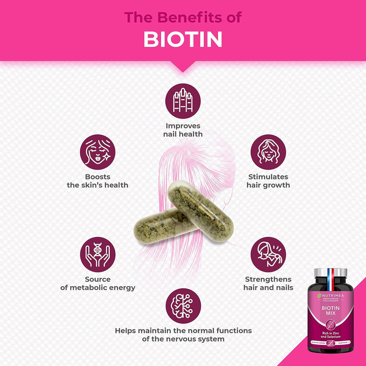 Biotin Hair & Nail Growth Supplement - Enriched with Zinc & Selenium - Contributes to Skin Care - 120 Vegan Capsules - French Expertise Halalzen
