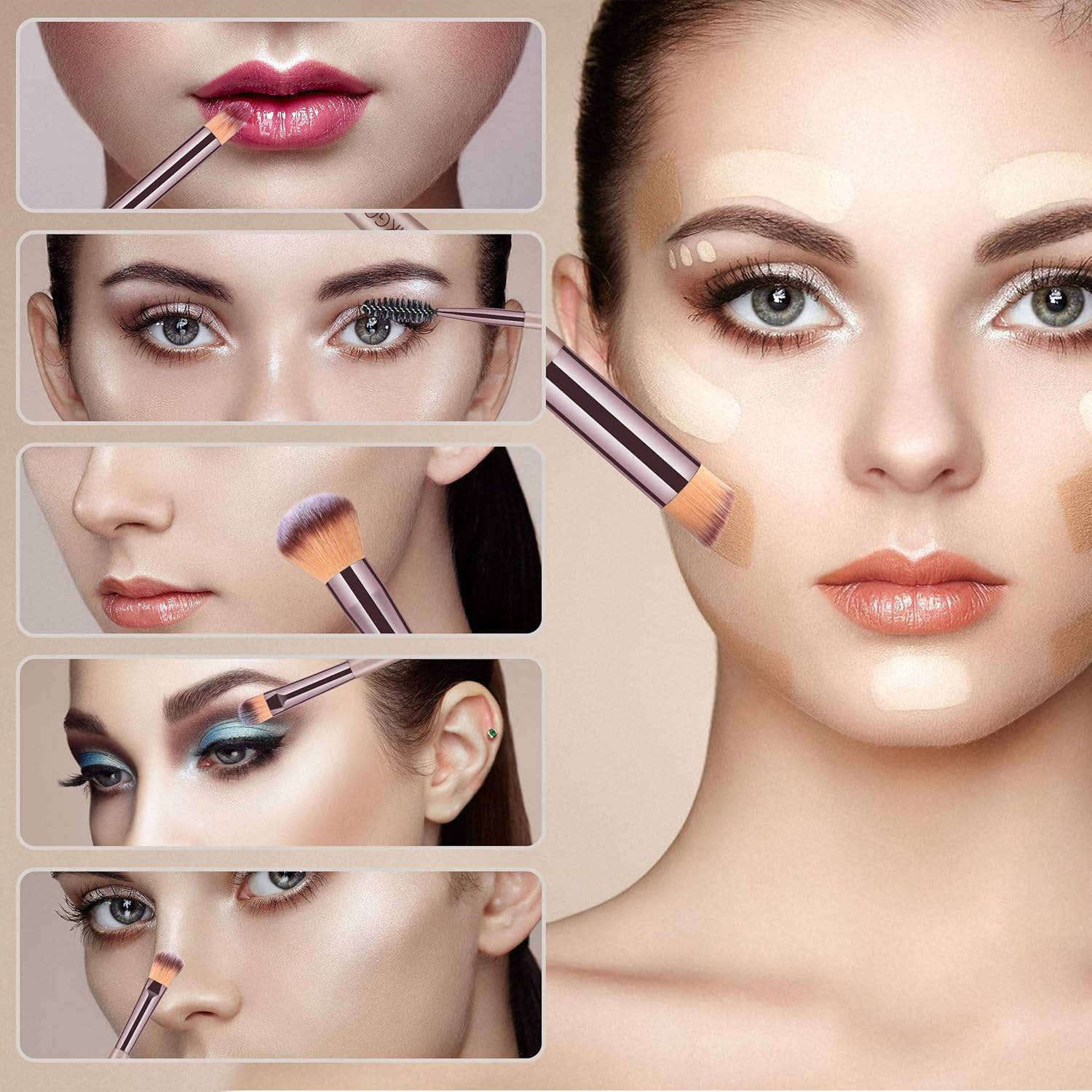 HEYMKGO Makeup Brushes, 15 Pcs Make Up Brushes Set Professional Champagne Gold Makeup Brush Pack, Foundation Blending Powder Blush Concealers Eyeshadow Eyeliner Make-up Brush Kits with Cosmetics Bag Halalzen